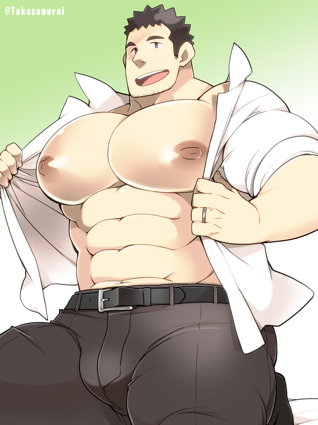 abs bara bara_tiddies bara_tits big_breasts big_chest big_nipples big_pecs black_hair brown_eyes bulge busty clothed gigantic_chest gigantic_pecs huge_chest huge_pecs large_pectorals light_skin looking_at_viewer male male_only man_boobs man_breasts massive_chest massive_pecs moobs muscular nipple_holes nipple_slits nipples pecs presenting_breasts puffy_nipples shiny_skin smile solo stubble suggestive takezamurai thick_thighs wedding_ring yaoi