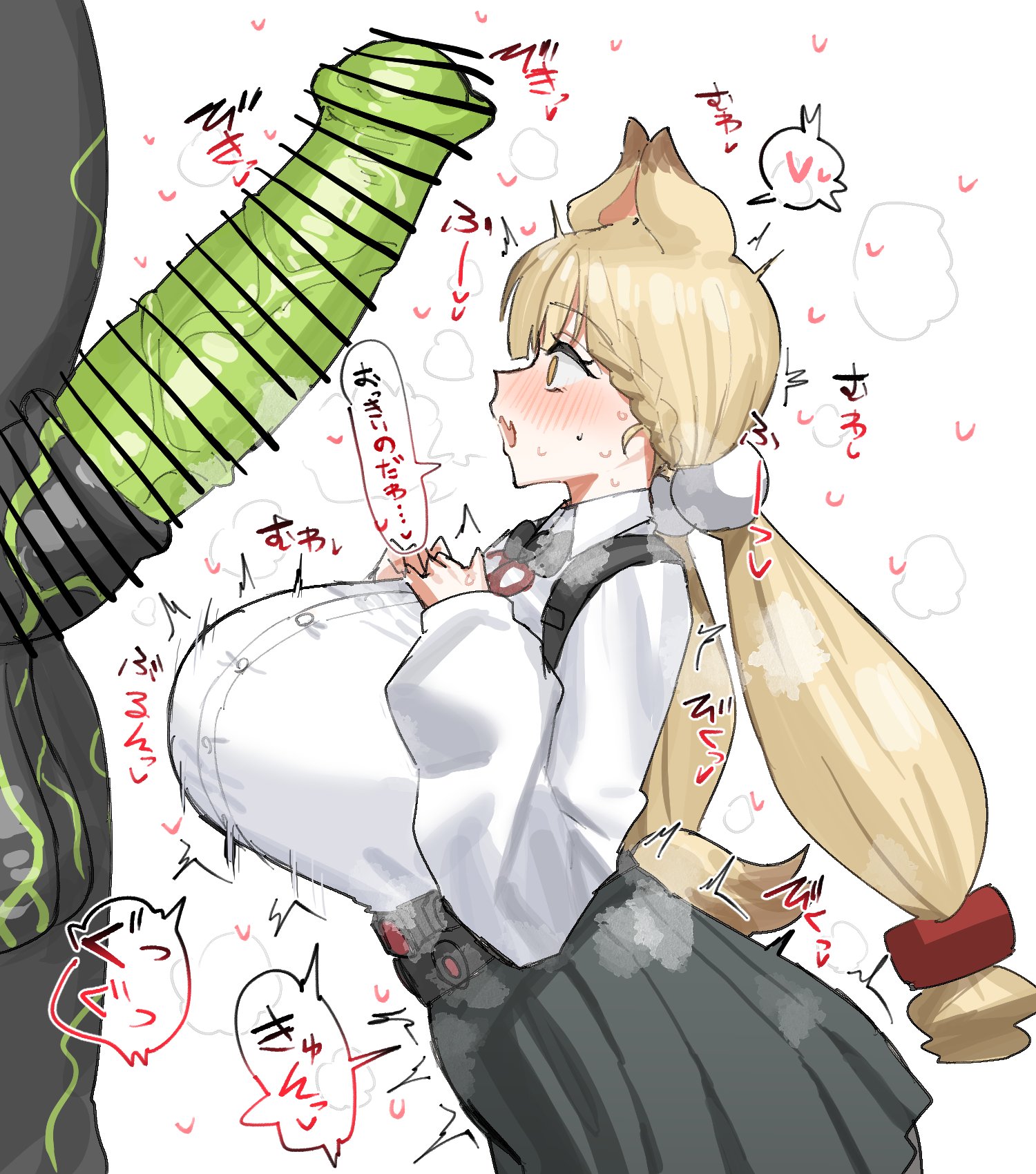1boy, 1girls, 1monster, alice thymefield, animal genitalia, animal penis, ass, big ass, big breasts, big penis, big thighs, breasts, bunny ears, butt, censored, creature, ethereal (zenless zone zero), female, female focus, from side, gigantic ass, gigantic breasts, gigantic penis, gigantic thighs, green penis, horn/wood, horsecock, huge ass, huge breasts, huge penis, huge thighs, interspecies, large breasts, light skin, light-skinned female, looking at penis, male, monster, monster cock, penis, penis awe, sweat, sweatdrop, sweating, tagme, text, thick thighs, thighhighs, thighs, white background, wide hips, zenless zone zero