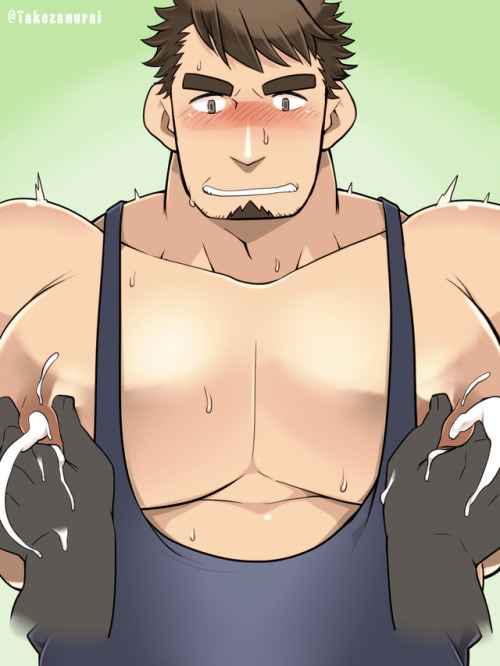 bara big_breasts big_nipples blush brown_eyes brown_hair clothed disembodied_hands faceless_male facial_hair gay lactation light_skin looking_at_viewer male male_focus male_lactation male_only milk milk_squirt muscular nipple_slits nipple_tweak nipples surprised sweat takezamurai tank_top yaoi