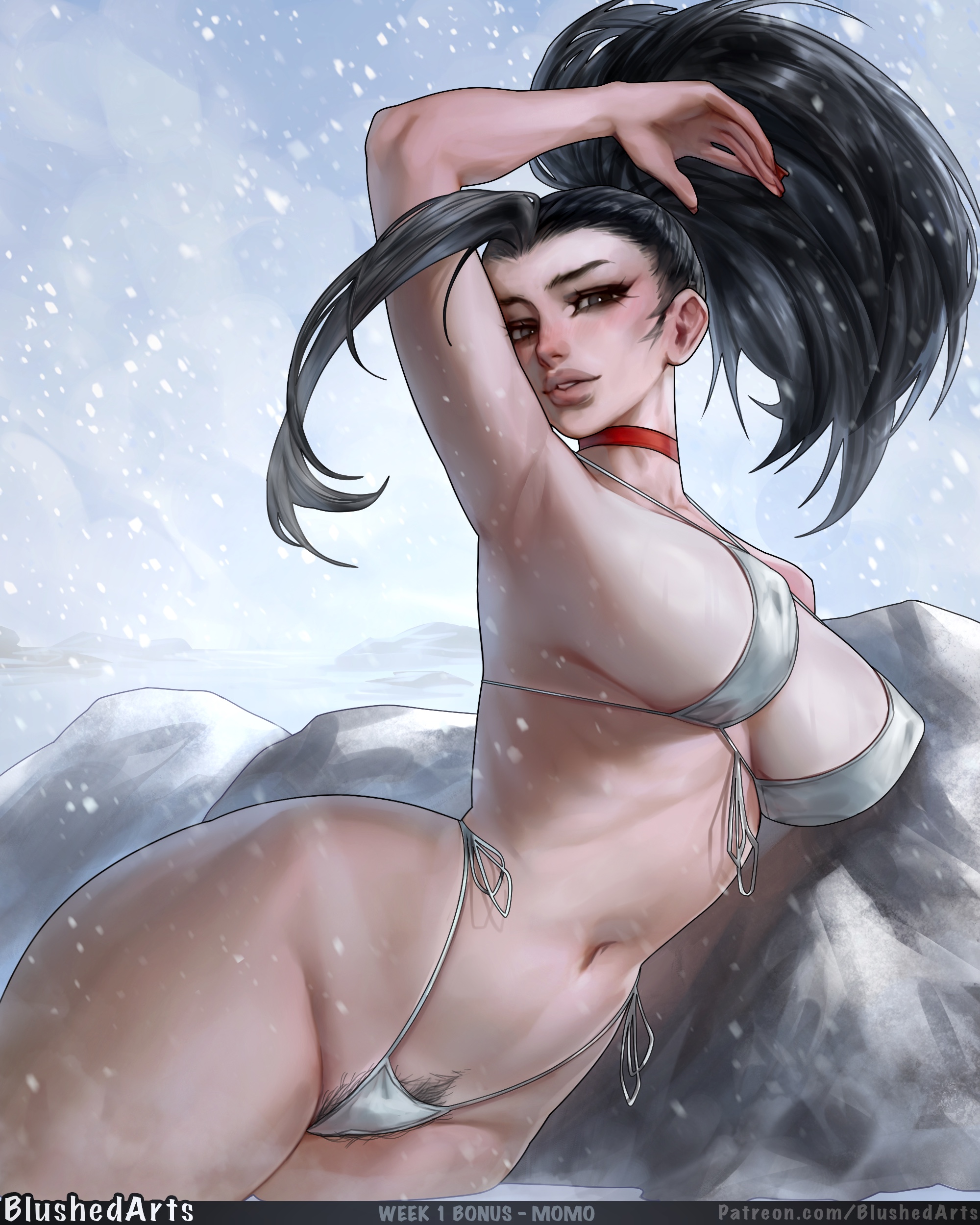1girls, armpit, bikini, black hair, black-haired female, blushedarts, choker, female, female only, momo yaoyorozu, my hero academia, pubic hair peek