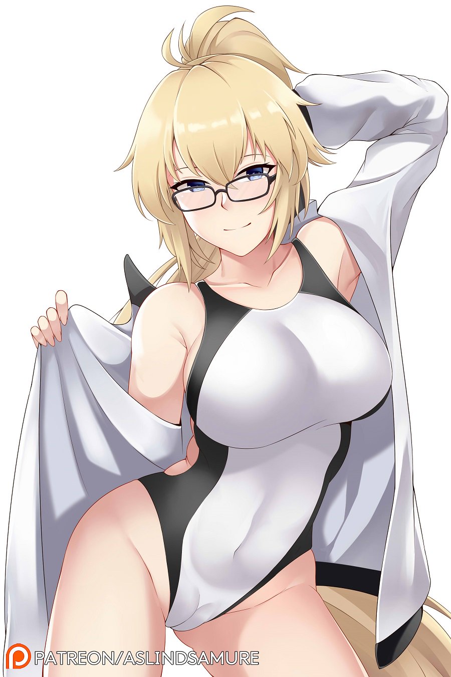 1girls arm_up armpits aslindsamure bangs black-framed_eyewear blonde_hair breasts cameltoe cleavage closed_mouth competition_swimsuit contrapposto covered_navel cowboy_shot fate/grand_order fate_(series) female glasses groin hair_between_eyes hand_behind_head hand_up high_ponytail highleg highleg_swimsuit jacket jeanne_d'arc_(fate) jeanne_d'arc_(fate)_(all) jeanne_d'arc_(swimsuit_archer) large_breasts leaning_to_the_side legs_apart light_smile long_hair long_ponytail long_sleeves looking_at_viewer off_shoulder one-piece_swimsuit open_clothes open_jacket parted_bangs patreon_logo patreon_username sideboob sidelocks skin_tight skindentation smile solo standing swimsuit swimsuit_under_clothes thighs track_jacket very_long_hair white_jacket white_swimsuit