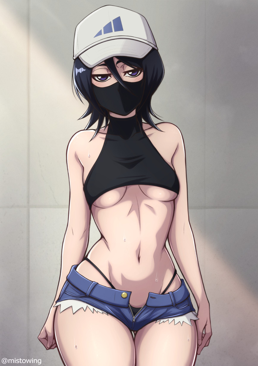 1girls, belly, belly button, bleach, breasts, female, female focus, female only, kuchiki rukia, light-skinned female, mistowing, petite, petite body, petite breasts, petite female, shorts, small breasts, solo, striped clothing, thong, thong panties, thong straps, toned, toned female