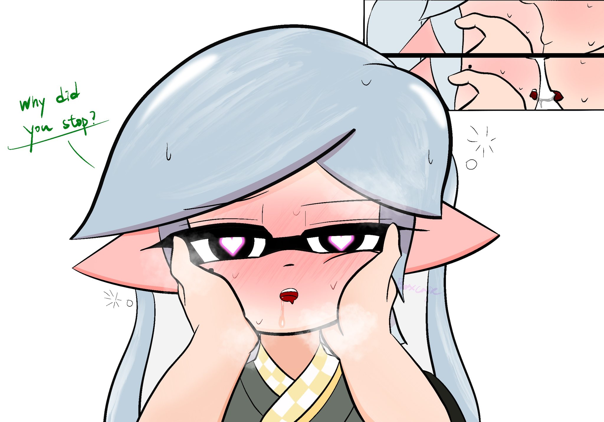 blush, boxcape, eye contact, female, female focus, hands on cheeks, kissing, light skin, light-skinned female, looking at viewer, marie (splatoon), nintendo, pov, pov eye contact, pulling away, solo female, splatoon, splatoon (series), splatoon 2, squid sisters, text, text bubble, twitter link, twitter username, wife material