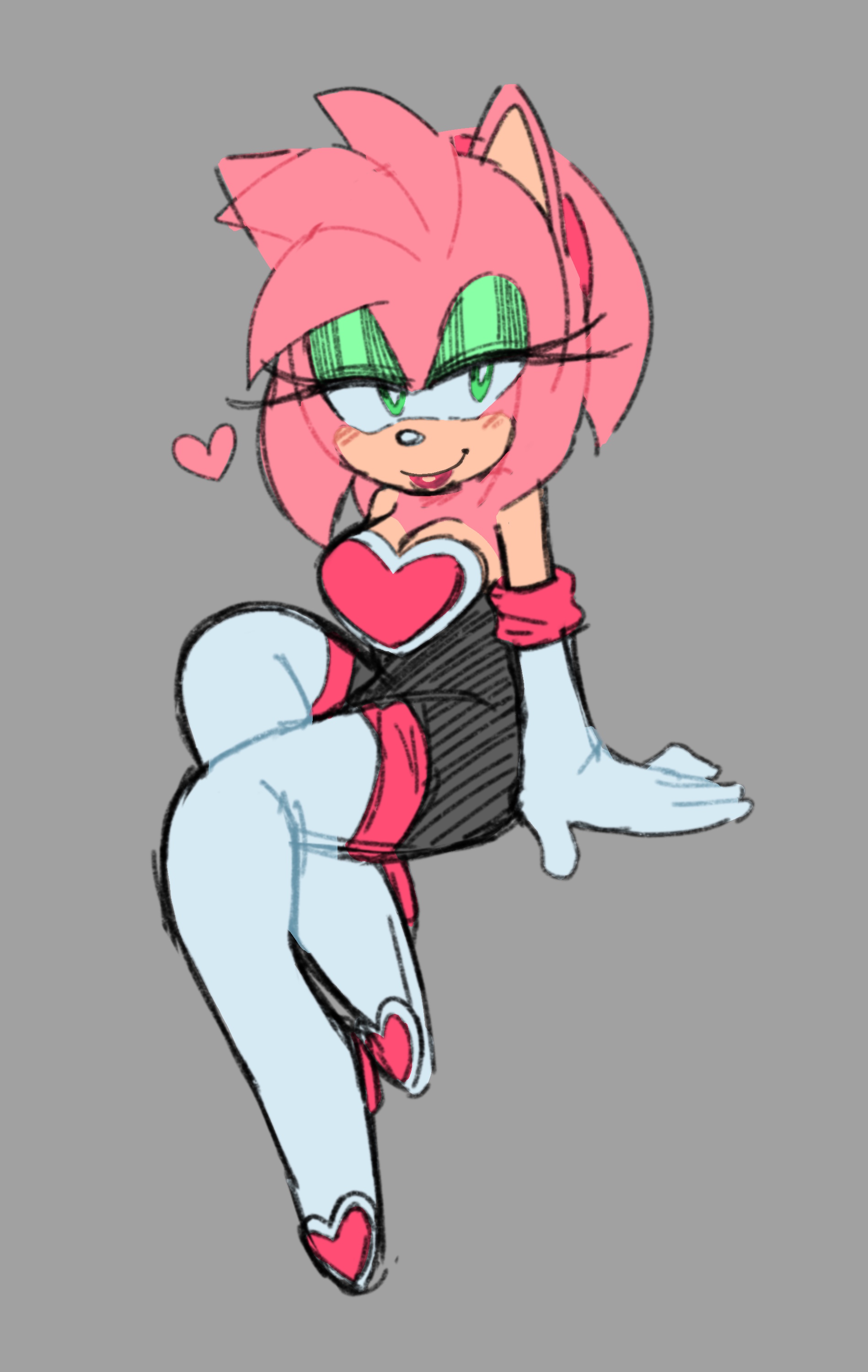 1girls, amy rose, amy the bat, bodysuit, cute, female, female focus, female only, gloves, green eyes, grey background, heart, heart symbol, hearts around head, lipstick, mobian, mobian (species), mobian hedgehog, ninotrash, not porn, pink fur, pink hair, red lipstick, rouge the bat (cosplay), sega, sexy pose, simple background, solo, solo female, solo focus, sonic (series), sonic team, sonic the hedgehog (series)