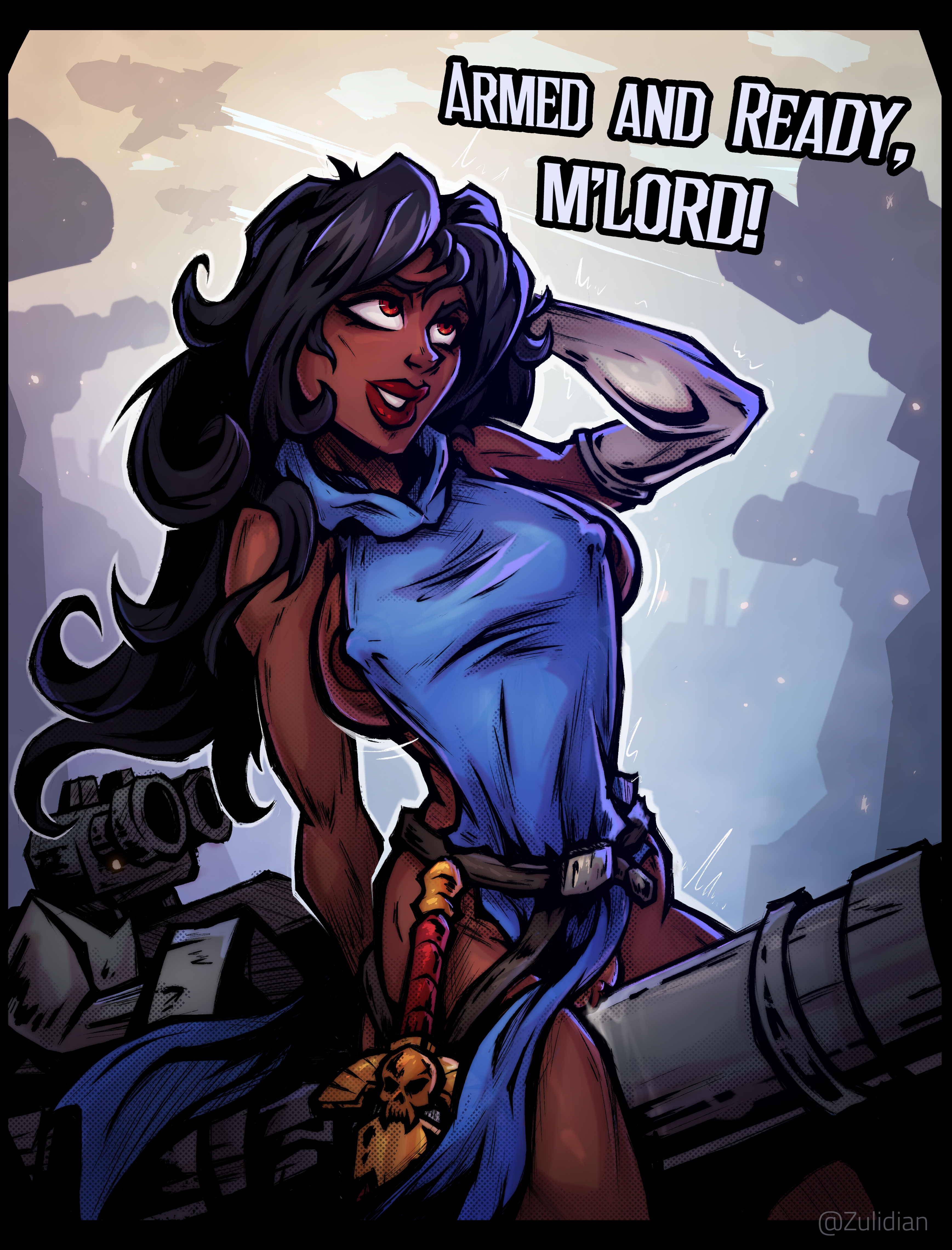 adepta sororitas, apron only, belt, belt buckle, big breasts, black hair, blue background, blue sky, breasts, brown eyes, cannon, dark hair, dark nipples, dark skin, dark-skinned female, female, grinding, long gloves, pussy, pussy juice, pussy peek, sister of battle, sword, tank, text, veracity (wogsethan), warhammer (franchise), warhammer 40k, white gloves, zulidian