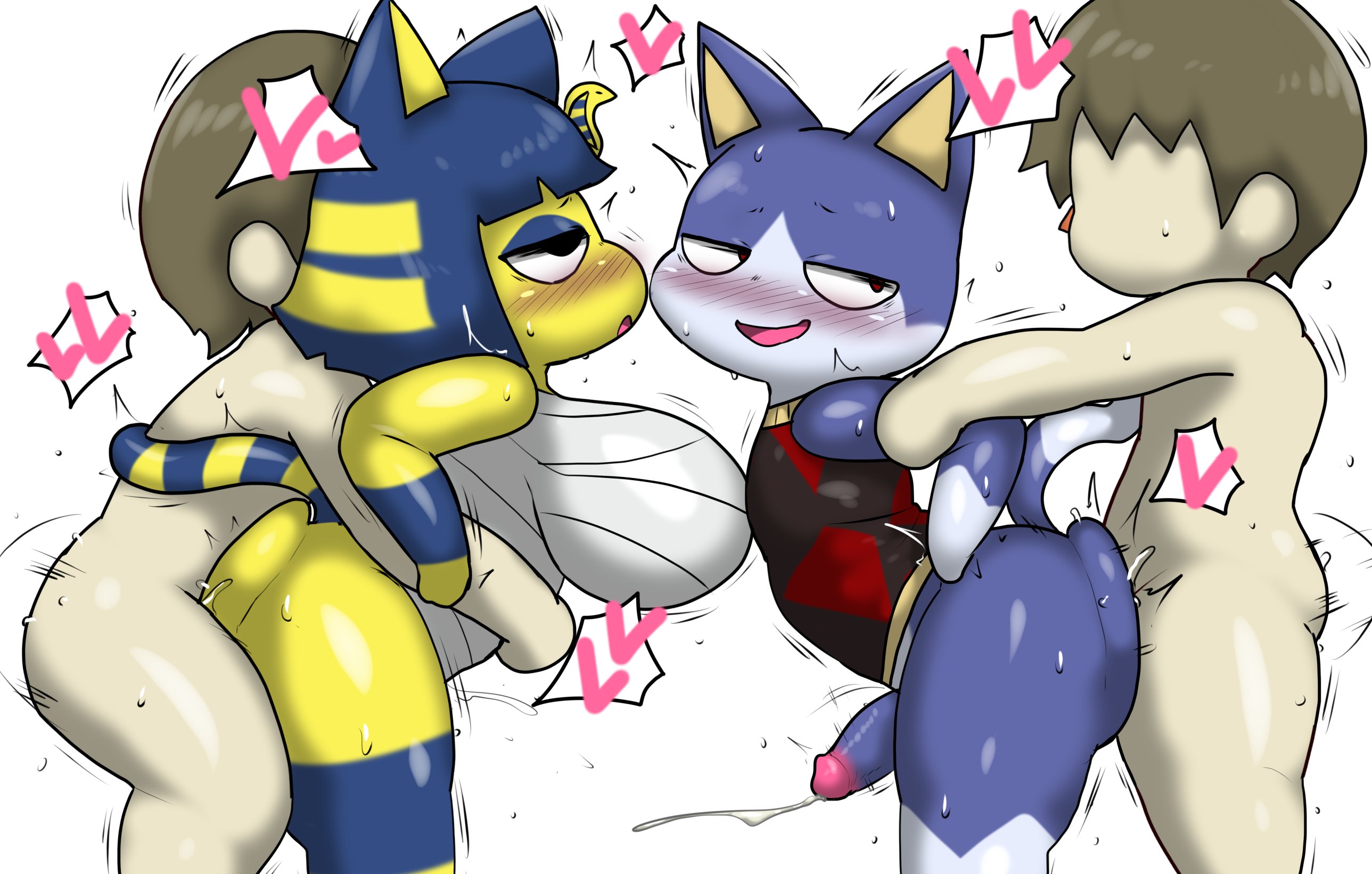 1girls, 3boys, 3boys1girl, anal, anal sex, animal crossing, ankha, ankha (animal crossing), anthro, anthro penetrated, ass, balls, big ass, biped, blue body, blush, both sexes in same situation, breasts, brown hair, clothed, clothed sex, clothing, domestic cat, dress, duo, enigi09, felid, feline, felis, female, female penetrated, femboy, from behind position, from front position, fur, furry, gay, group sex, heart, heart symbol, human, human on anthro, human penetrating, human penetrating anthro, interspecies, male, male on femboy, male penetrated, male penetrating, male penetrating female, male penetrating male, male/female, male/male, mammal, massive breasts, meme, multicolored body, nintendo, open mouth, open smile, penetration, penile, penile penetration, penis, pussy, rover (animal crossing), sex, side view, simple background, smile, tagme, tail, vaginal sex, white body, woman