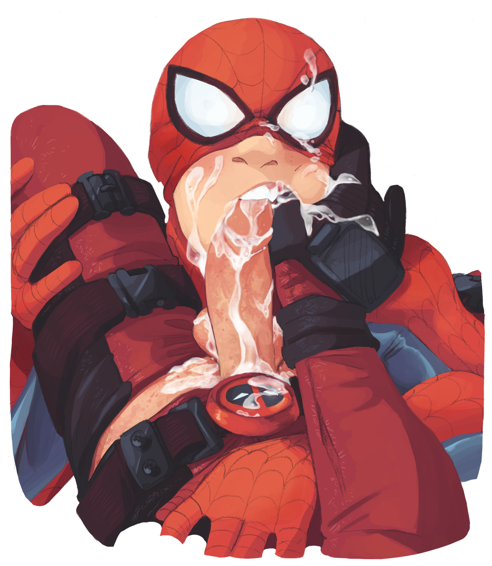 2boys 5_fingers average_sized_penis balls belt between_legs blowjob blush bodysuit canine_teeth circumcised clothed clothing color cum cum_in_mouth cum_on_face cum_on_hand cum_on_penis cum_on_self cute cute_fang deadpool digital_media_(artwork) emblem erection faceless_male facial fellatio finger_in_mouth gay glans gloves hand_on_chest hand_on_face hand_on_leg holding_mouth_open human human_only humanoid_penis light-skinned_male light_skin looking_at_partner looking_at_viewer male male_only marvel mask mask_lift naughtypelli on_back open_mouth oral penis penis_out peter_parker pointy_teeth pov sharp_canines smooth_skin spider-man spider-man_(series) superhero teeth testicles thigh_strap thumb_in_mouth transparent_background uncensored urethra vigilante wade_wilson yaoi