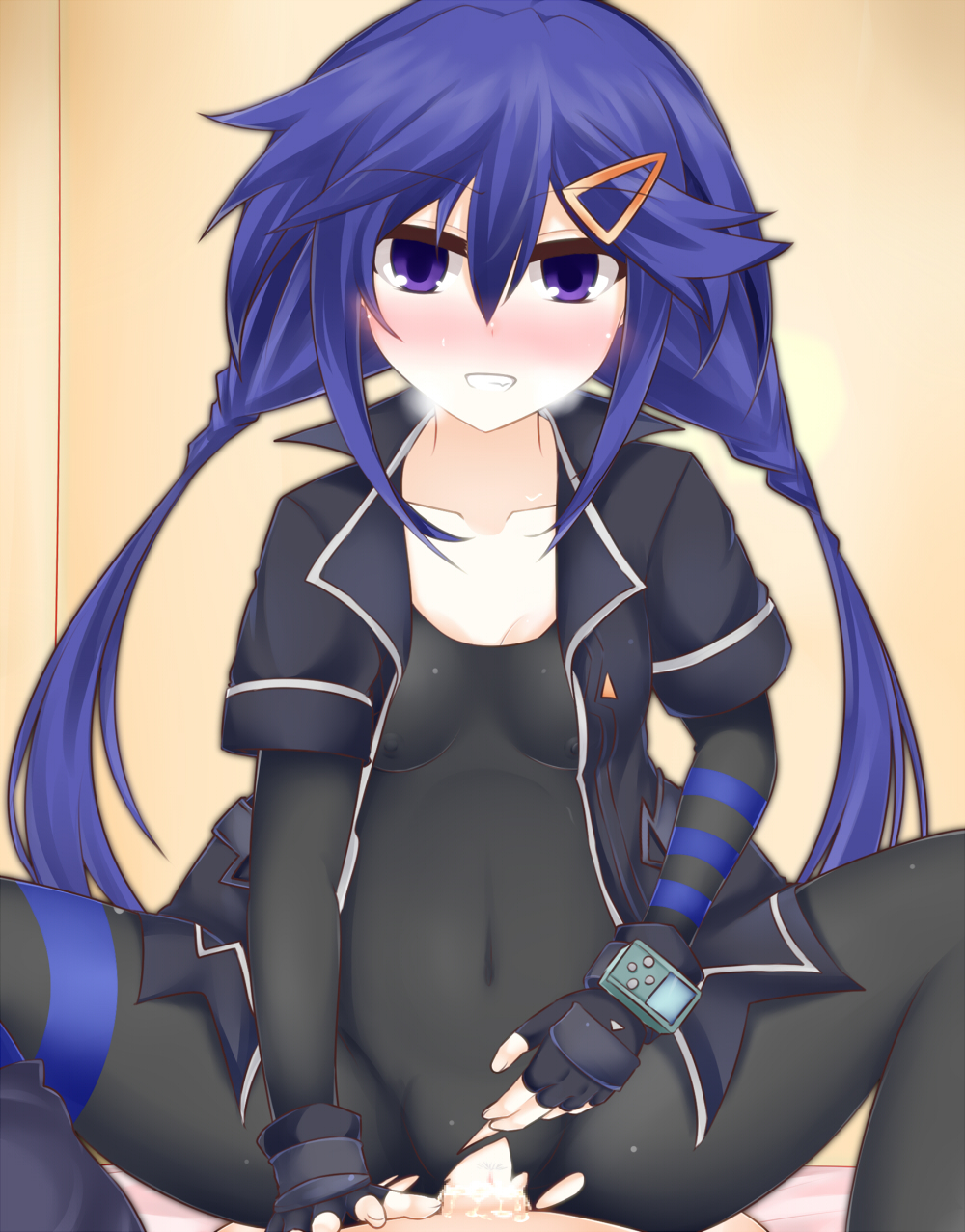 amo_chenbe black_bodysuit black_gloves blue_hair blush bodysuit breasts collarbone covered_navel cowgirl_position erect_nipples female fingerless_gloves gloves grin hair_between_eyes hair_ornament hairclip highres indoors kurome_ankokuboshi looking_at_viewer neptunia_(series) no_panties on_bed open_clothes open_shirt purple_eyes pussy_juice sex skin_tight smile solo_focus straddling thighs torn_bodysuit torn_clothes vaginal_penetration