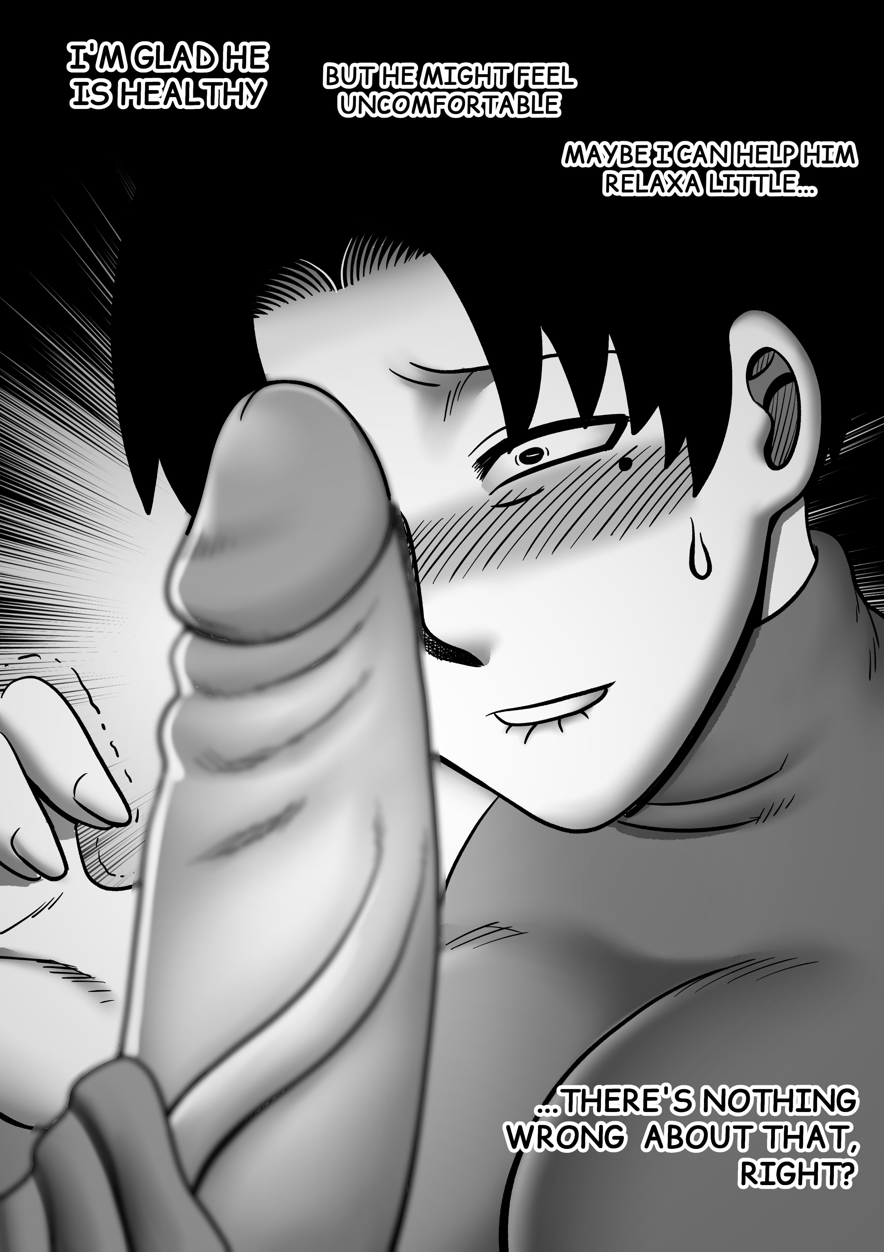 1girls, 2d, alamama, aoy (alamama), beauty mark, big breasts, biting own lip, blush, blush lines, breasts, cock worship, comic, dialogue, english, english text, female, female focus, imminent incest, imminent sex, incest, large breasts, male, milf, mole under eye, monochrome, mother, mother and son, original, original character, penis, sleep molestation, straight, sweat, sweatdrop, text, veiny penis