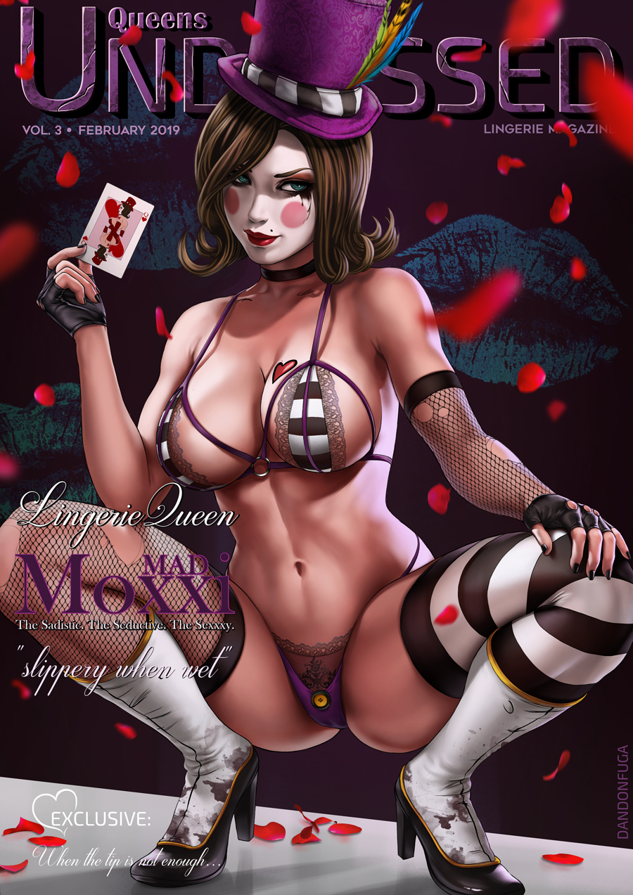 borderlands borderlands_2 bra breasts cleavage dandon_fuga female fishnets hat high_heels lingerie mad_moxxi magazine_cover makeup panties red_lipstick rose_petals spread_legs squatting thighhighs top_hat underwear