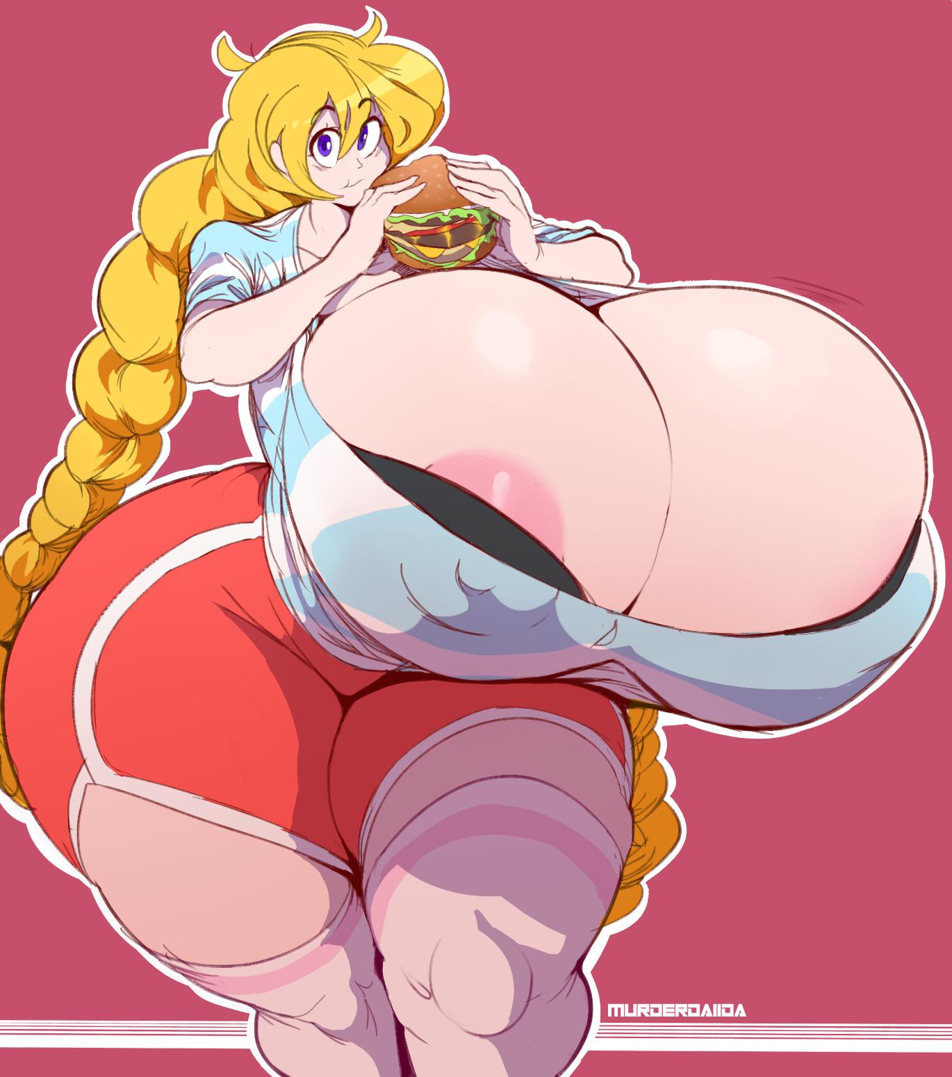 1girls, 2019, areola slip, blonde hair, borrowed character, braided hair, breasts, cassie (theycallhimcake), cleavage, curvaceous, curvy, dullahan, female, female focus, food, gigantic breasts, hamburger, hips, huge breasts, hyper, hyper breasts, looking at viewer, nipple slip, shoes, solo, solo female, solo focus, thick thighs, thighs, top heavy, twin braids, twintails, vhsdaii, voluptuous, wide hips