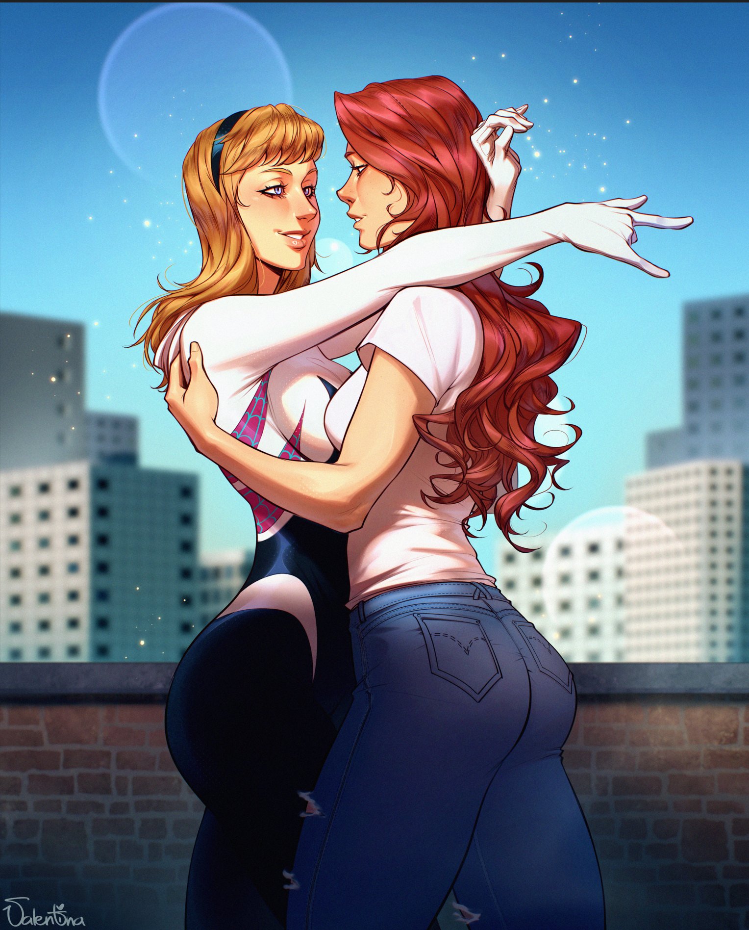 2d, 2girls, big ass, blonde female, blonde hair, boob squish, female, gwen stacy, gwen stacy (classic), gwen stacy (earth-65), hairband, jeans, marvel, marvel comics, mary jane watson, red hair, romantic, valentinainat1, wholesome, yuri
