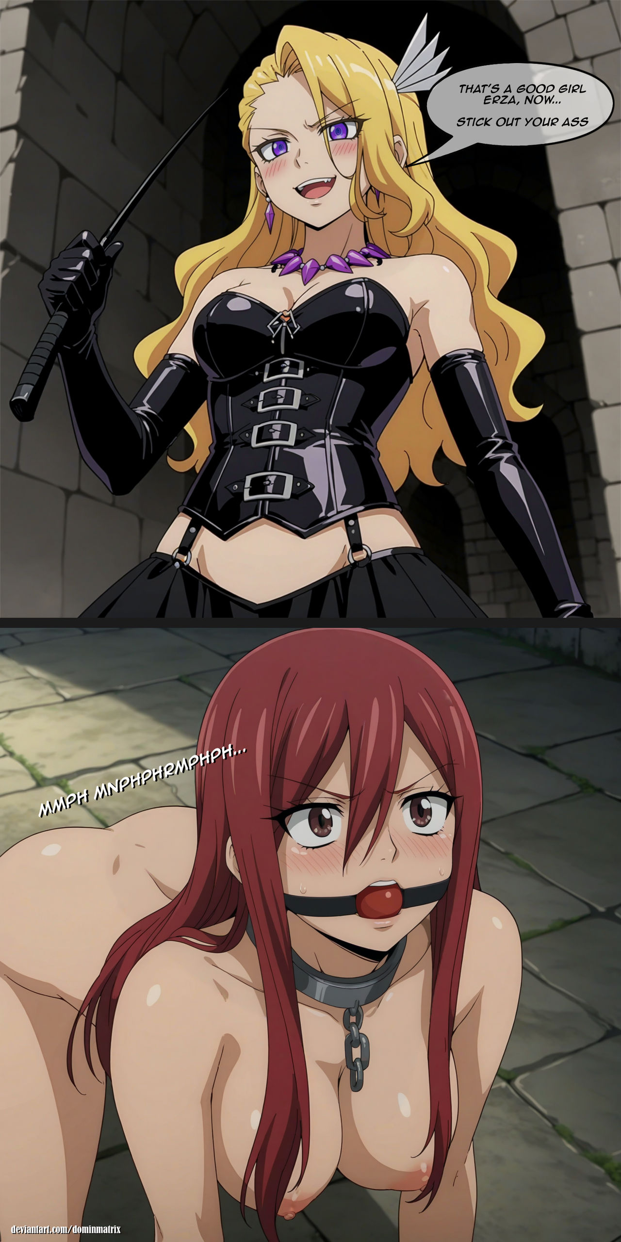 2girls, ai generated, bad end, bare breasts, blonde female, blonde hair, blonde-haired female, bondage, bondage gear, bondage outfit, breasts, collar, completely nude, defeated heroine, dominant, domination, dominatrix, dominmatrix, erza scarlet, fairy tail, female, femdom, femsub, gag, gagged, gagged female, heroine in trouble, kiria (fairy tail), lezdom, metal collar, naked, nipples, nude, nude female, red hair, red-haired female, riding crop, slave, slave collar, slave girl, verbal degradation, verbal domination, villainess, yuri