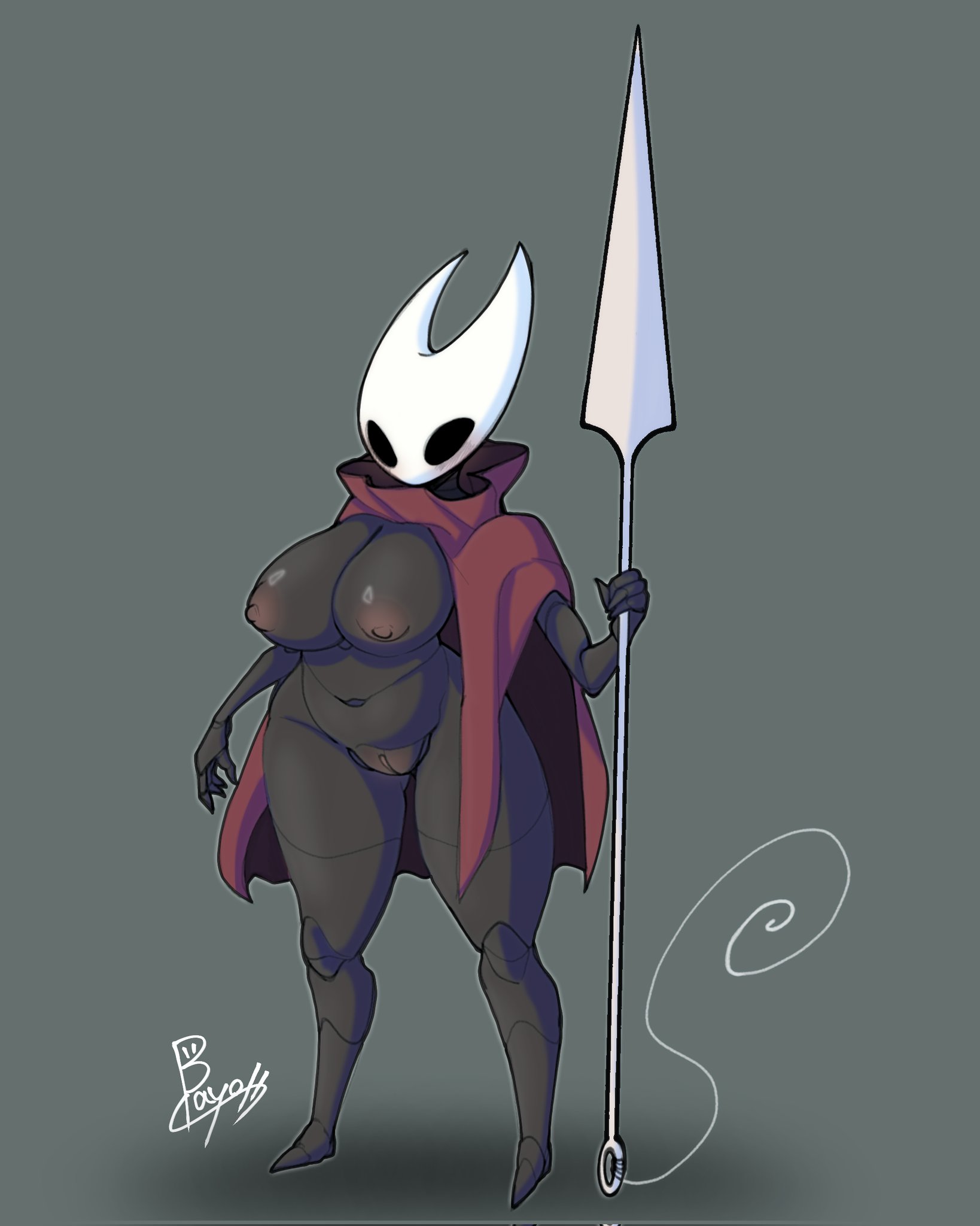 1girls, 2025, anthro, bayonet (artist), big breasts, blush, breasts, bug, cloak, clothing, doctor5648, female, grey body, grey skin, hi res, hollow knight, hornet (hollow knight), melee weapon, princess, pussy, red clothing, spider, standing, thick thighs, thighs, weapon