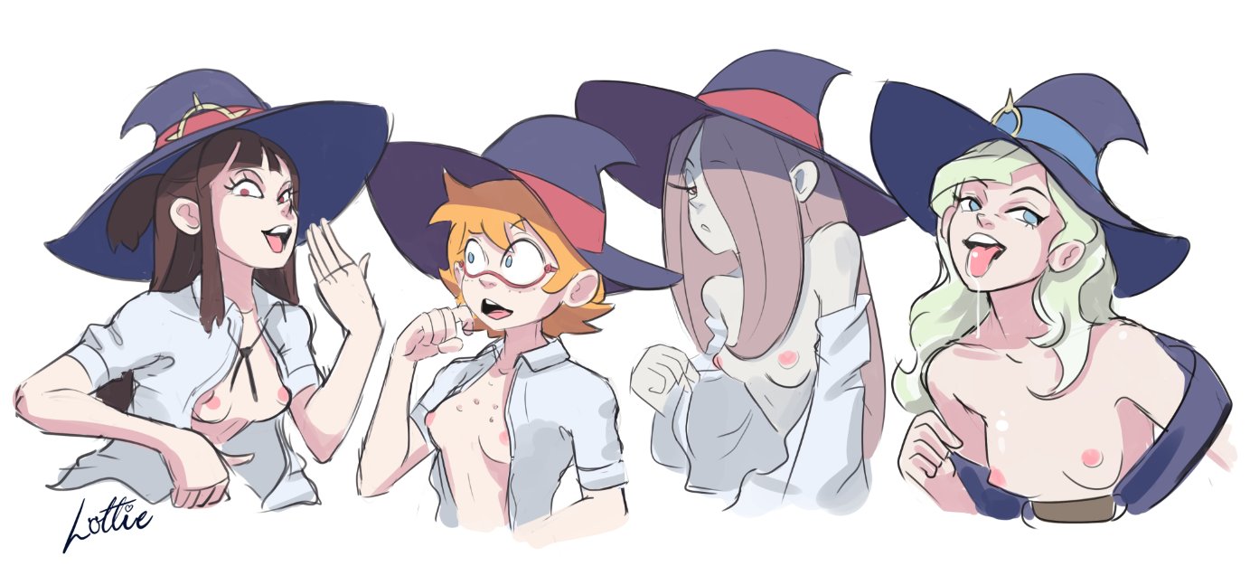 4girls, atsuko kagari, blonde hair, breasts, brown hair, diana cavendish, exposed breasts, female, female only, freckles, glasses, green hair, little witch academia, lotte jansson, lottie hotley, pale skin, partially clothed, small breasts, studio trigger, sucy manbavaran, undressing, witch, witch hat