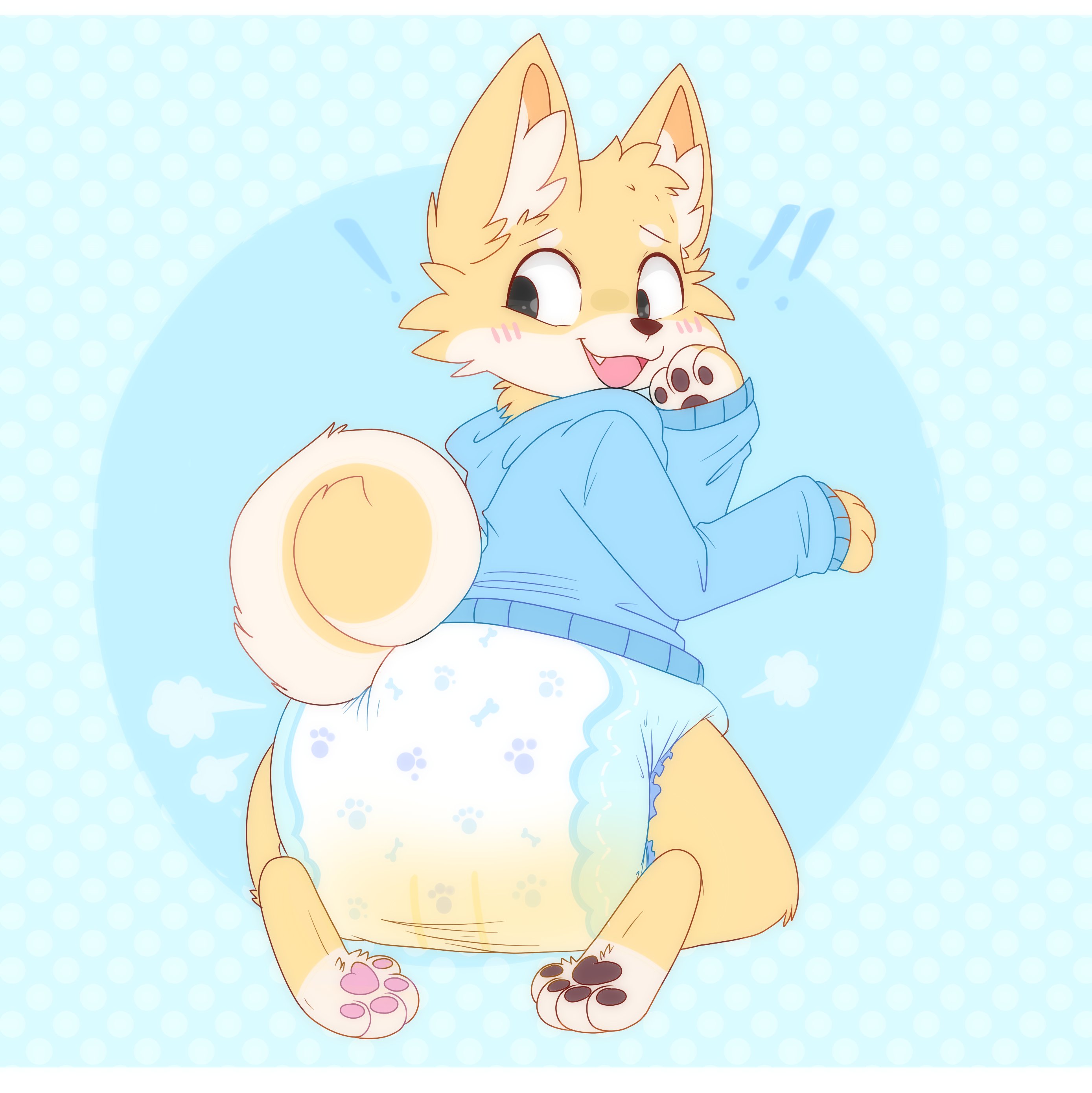 blue clothes, blue clothing, canine, diaper, diaper fetish, furry, furry male, furry only, hoodie, jupiters, male, peeing, peeing self, simple background, tail, urine, urine in diaper, wearing diaper, wet diaper