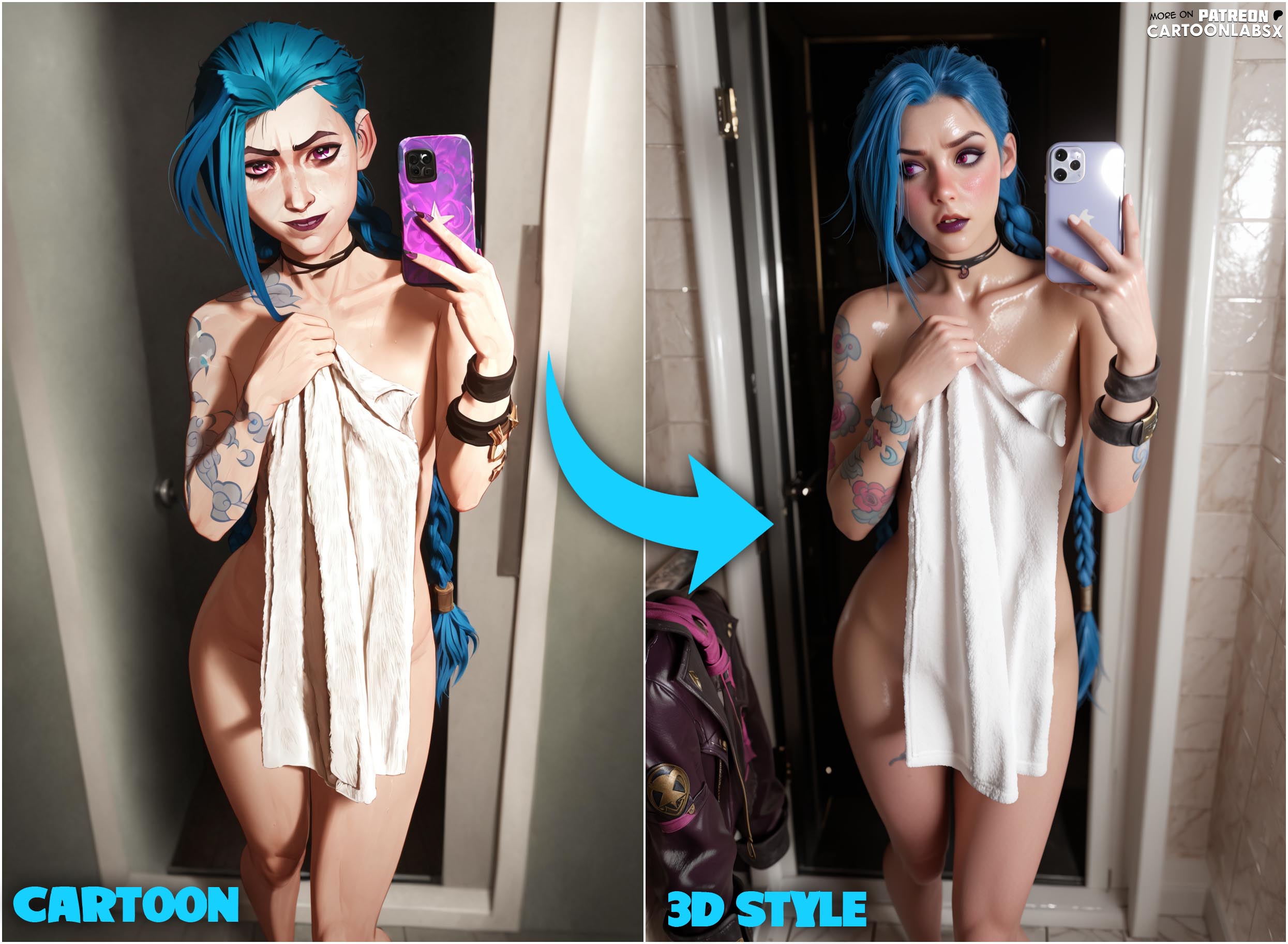 2d, 3d, 3d model, 3d render, ai generated, arcane, arcane jinx, before and after, blue hair, cartoon, cartoonlabsx, female, jinx (league of legends), league of legends, petite, petite body, petite female, tagme, teasing, teasing viewer, towel, towel only