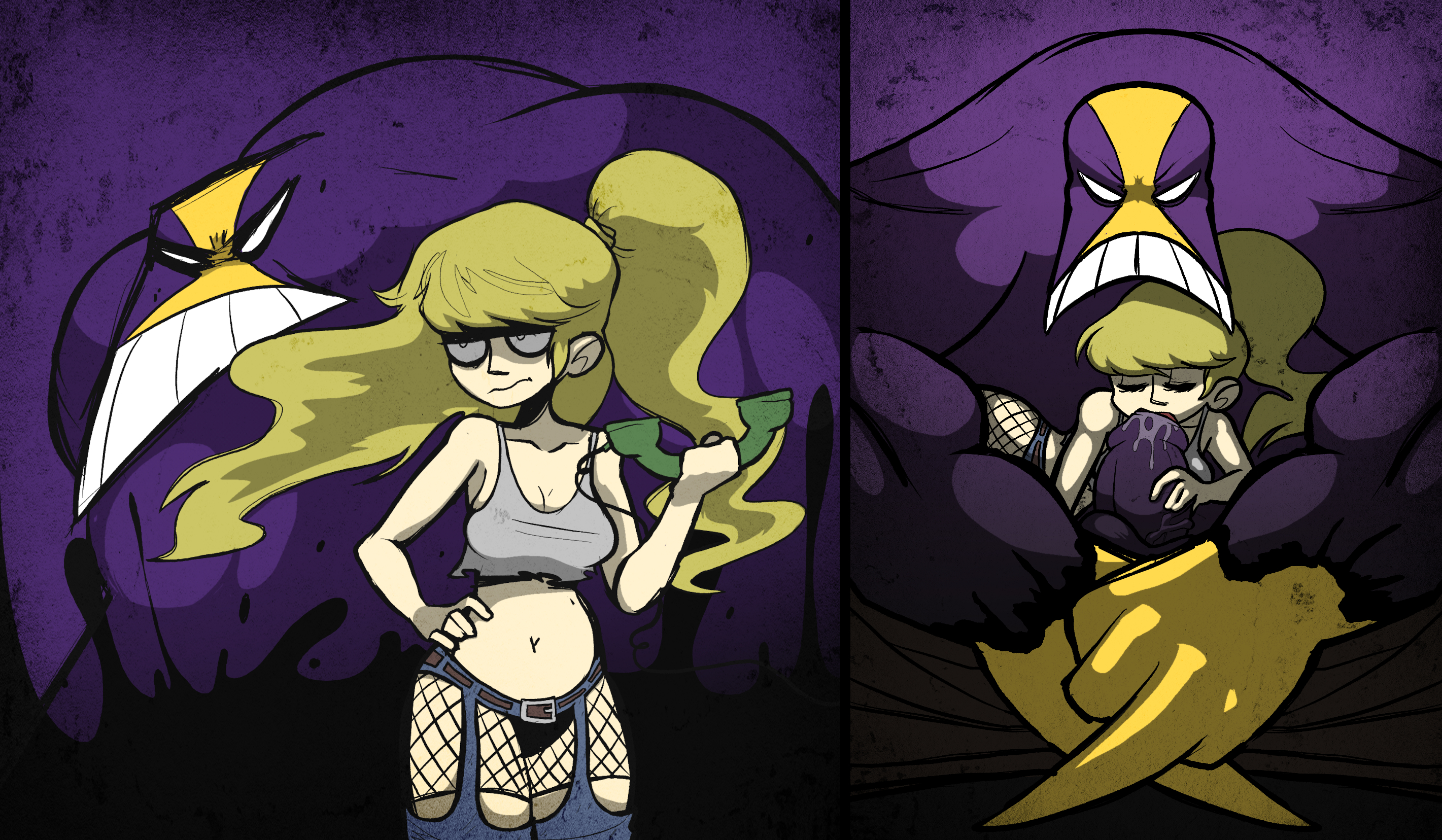 1boy, 1boy1girl, 1girls, 2d, 2d (artwork), 2koma, blowjob, fellatio, female, fishnet shorts, giant, hattsworth, julie winters, large male, large male smaller female, male, maxx (character), midriff, mini giant, oral, penis, phone, ponytail, ripped tank top, saliva on penis, straight, sucking penis tip, tagme, the maxx, yellow hair, yellow-haired female