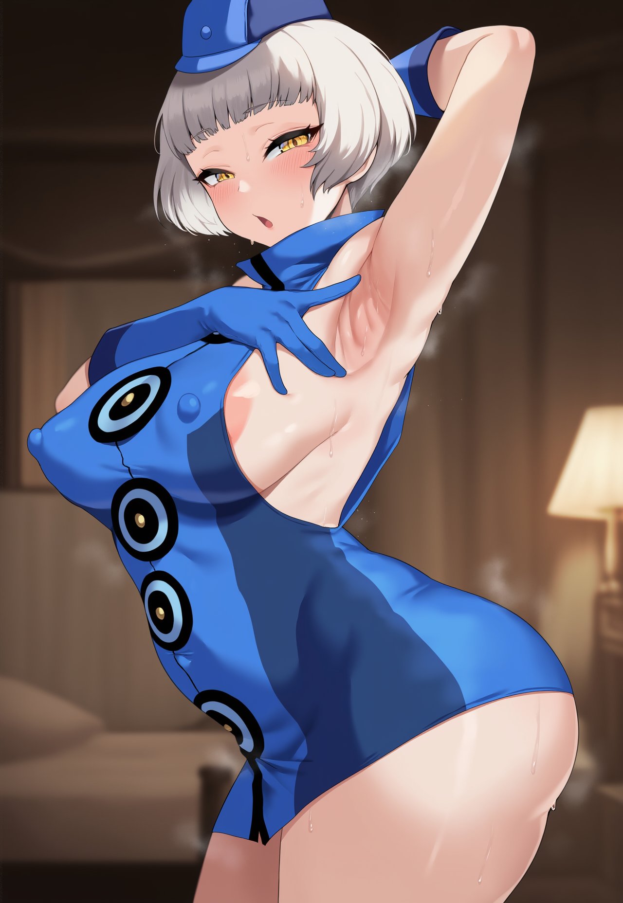 1girls, ai generated, arm behind head, arm up, armpits, bangs, blue dress, blue headwear, blurry, blurry background, blush, breasts, covered nipples, dress, elizabeth (persona), female, gloves, hat, indoors, large breasts, looking at viewer, persona, persona 3, short hair, solo, sweat, tharkica, yellow eyes