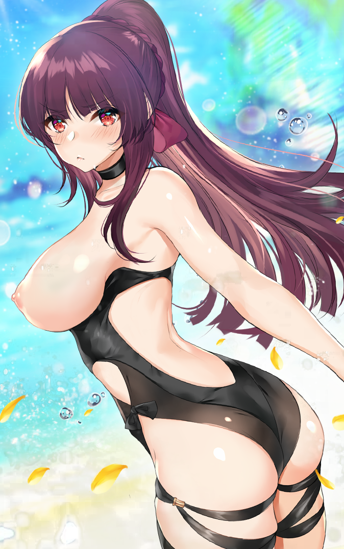 areolae ass blush breasts ero_waifu female female_only girls'_frontline looking_at_viewer looking_back nipples one-piece_swimsuit solo swimsuit wa2000_(girls'_frontline)