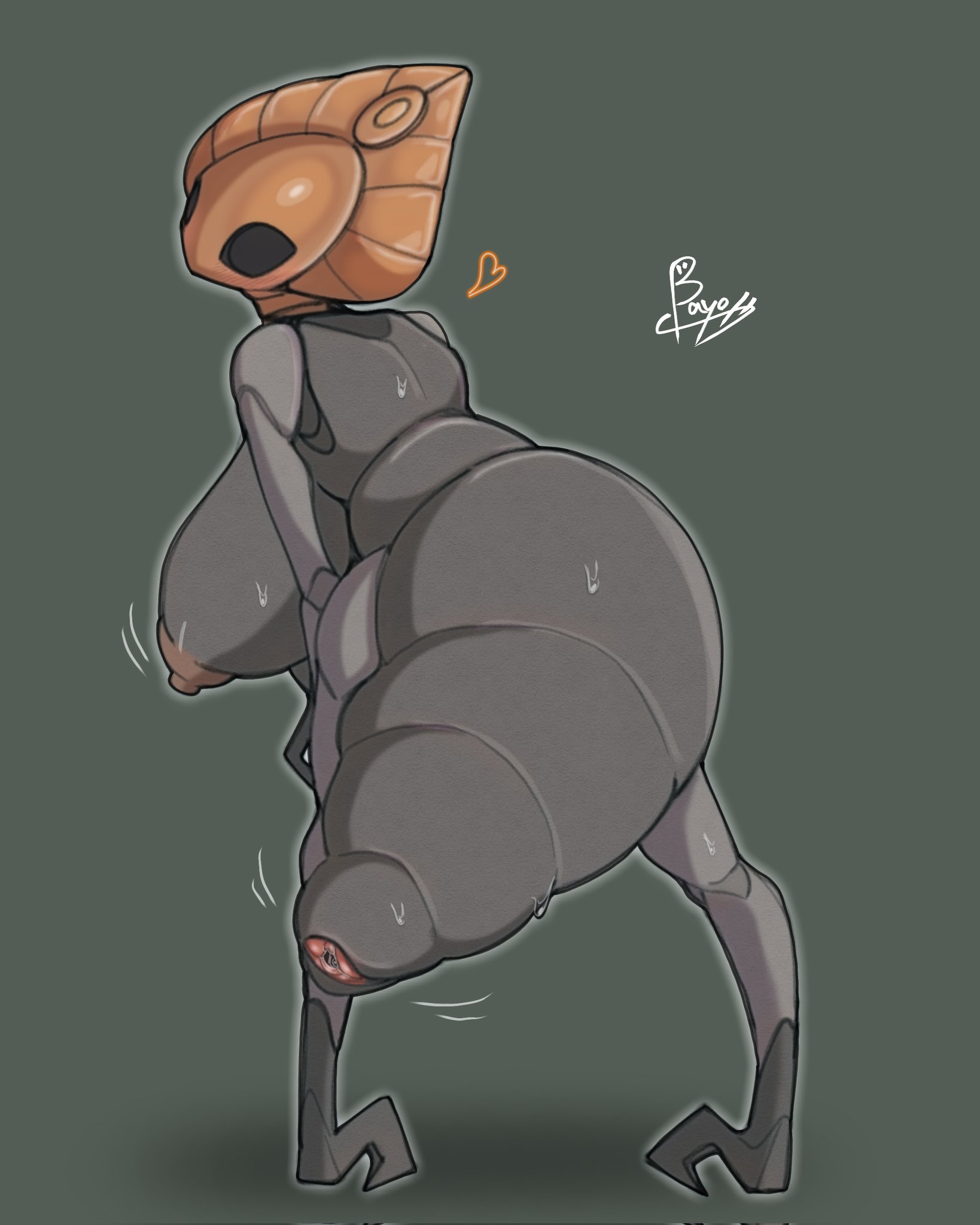 1girls, 2025, arthropod, arthropod abdomen, arthropod girl, bayonet (artist), big breasts, blush, breasts, doctor5648, female, from behind, godseeker, heart, hi res, hollow knight, large breasts, leaning, leaning forward, mask, masked, masked female, pussy, sideboob, standing, sweat, sweatdrop, sweating