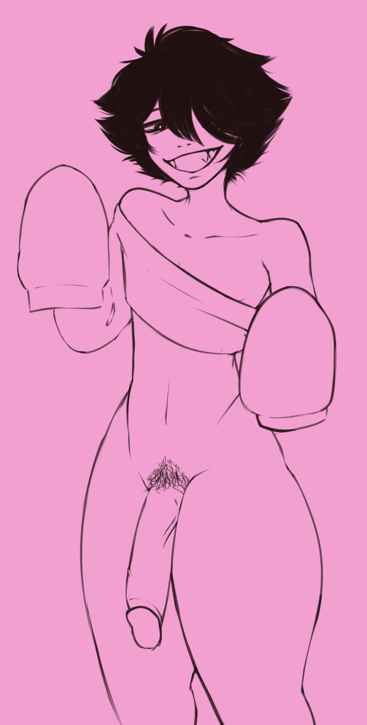 2d, 2d (artwork), 2d artwork, belly button, black hair, bottomless, circumcised, cock, cocknix, collarbone, cute, dick, femboy, huge cock, hung femboy, male, messy hair, monochrome, partially clothed, penis, penis vein, pubes, pubic hair, sharp teeth, short hair, thighs