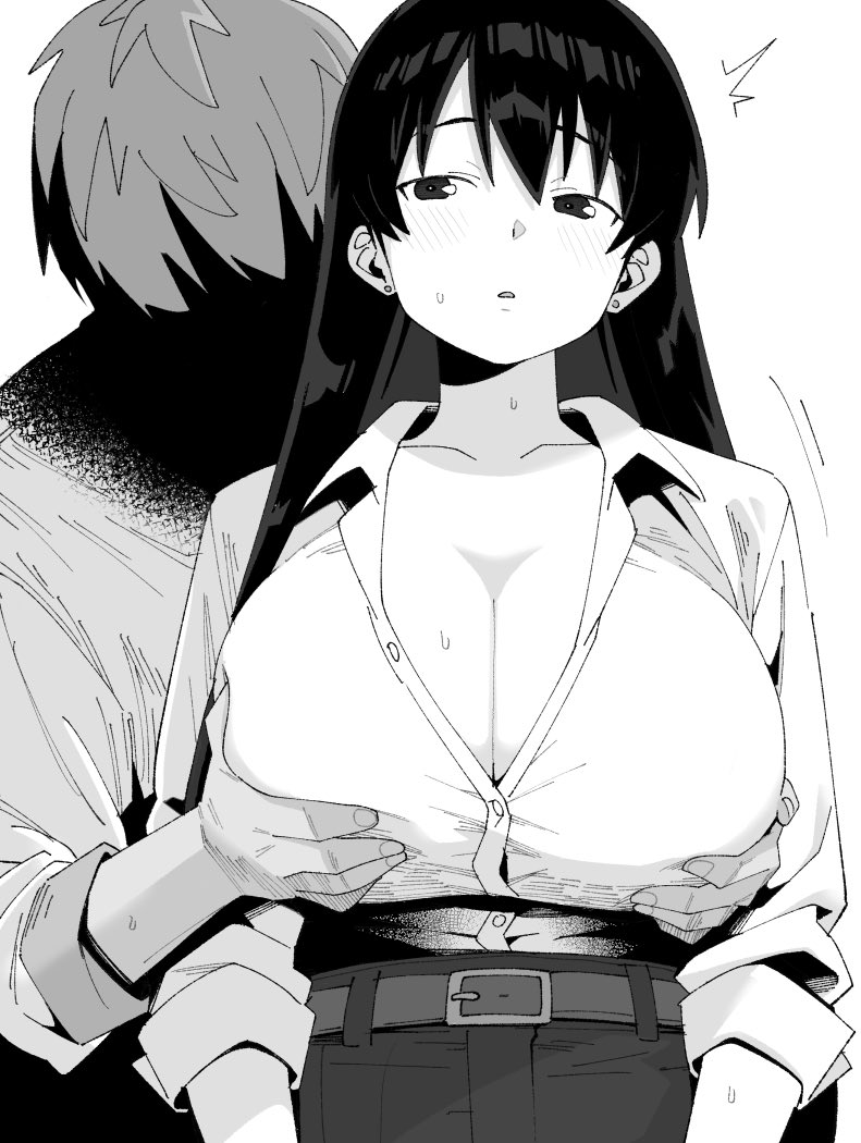 1boy, arato nagi, behind another, belt, belt buckle, blush, breast grab, breasts, buckle, cleavage, collarbone, collared shirt, cowboy shot, denim, dot nose, earrings, faceless, faceless male, female, grabbing, grabbing another's breast, grabbing breasts, grabbing from behind, greyscale, groping, hair behind ear, hair between eyes, henyaan (oreizm), huge breasts, jeans, jewelry, long black hair, long hair, long sleeves, looking at another, looking pleasured, male, monochrome, motion lines, pants, parted lips, partially unbuttoned, raised eyebrows, ruri no houseki, shirt, shirt tucked in, short hair, sideways glance, simple background, sleeves rolled up, solo focus, straight, straight-on, stud earrings, sweat, white background, wing collar