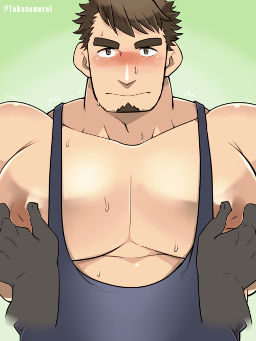 bara bara_tiddies bara_tits big_breasts big_chest big_nipples big_pecs blush brown_eyes brown_hair clothed disembodied_hands faceless_male facial_hair gay gigantic_chest gigantic_pecs huge_chest huge_pecs large_pectorals light_skin looking_at_viewer male male_focus male_only man_boobs man_breasts massive_chest massive_pecs moobs muscular nipple_holes nipple_slits nipple_tweak nipples sweat takezamurai tank_top yaoi