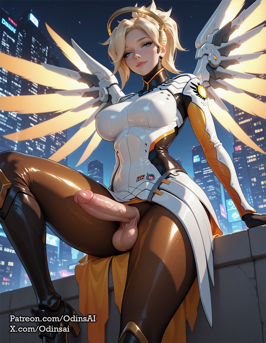 1futa, ai generated, balls, big balls, big breasts, breasts, curvy, dickgirl, futa only, futa sans pussy, futanari, intersex, looking at viewer, mercy, nipples, nude, odinsai, overwatch, overwatch 2, penis, perfect body, ready to fuck, small waist, smile, solo, testicles