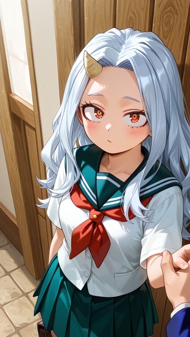 ai art, ai generated, before sex, eri (my hero academia), female, holding hands, my hero academia, petite, pov, red eyes, school uniform, schoolgirl, silver hair, single horn, teenager
