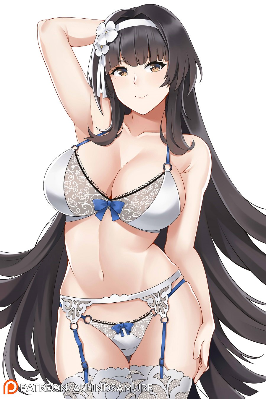 1girls arm_up armpit armpits aslindsamure bangs black_hair blush bow bow_bra bow_panties bra breasts cleavage cowboy_shot crease eyebrows_visible_through_hair flower garter_straps girls'_frontline groin hair_flower hair_ornament hairband hand_on_own_thigh highres lace lace-trimmed_legwear large_breasts lingerie long_hair looking_at_viewer mole mole_under_eye navel panties patreon_username simple_background skindentation smile solo stomach thighhighs thighs type_95_(girls'_frontline) underwear underwear_only very_long_hair white_background white_bra white_hairband white_panties yellow_eyes