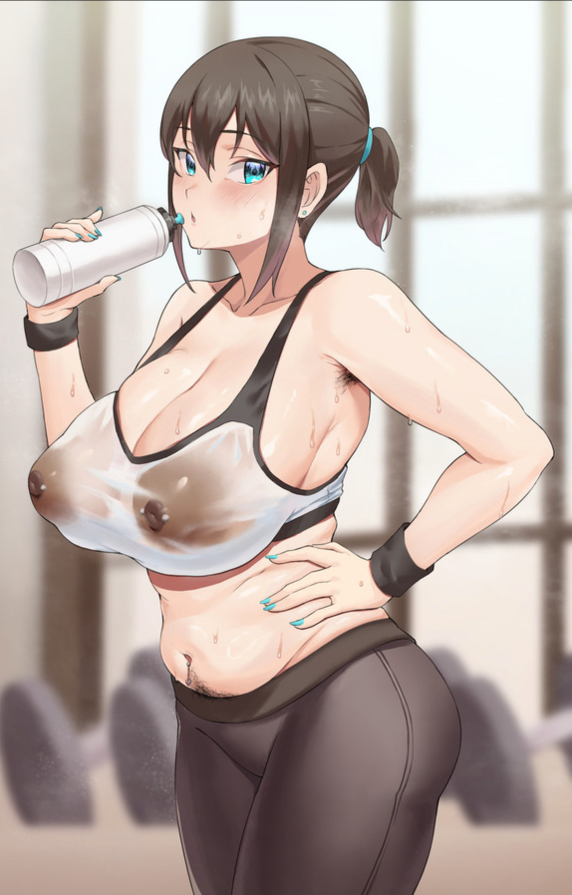 1girls, armpit hair, belly, blue eyes, blue hair tie, blush, brown hair, chubby belly, dark nipples, drinking water, excessive pubic hair, female, female only, gym, gym clothes, hand on hip, happy trail, kai jj, large breasts, nipple piercing, painted nails, pierced nipples, ponytail, post-workout, pubic hair peek, sagging breasts, see-through, see-through clothing, see-through sports bra, short hair, solo, sports bra, sportswear, sweat, water bottle, wristband, yoga pants