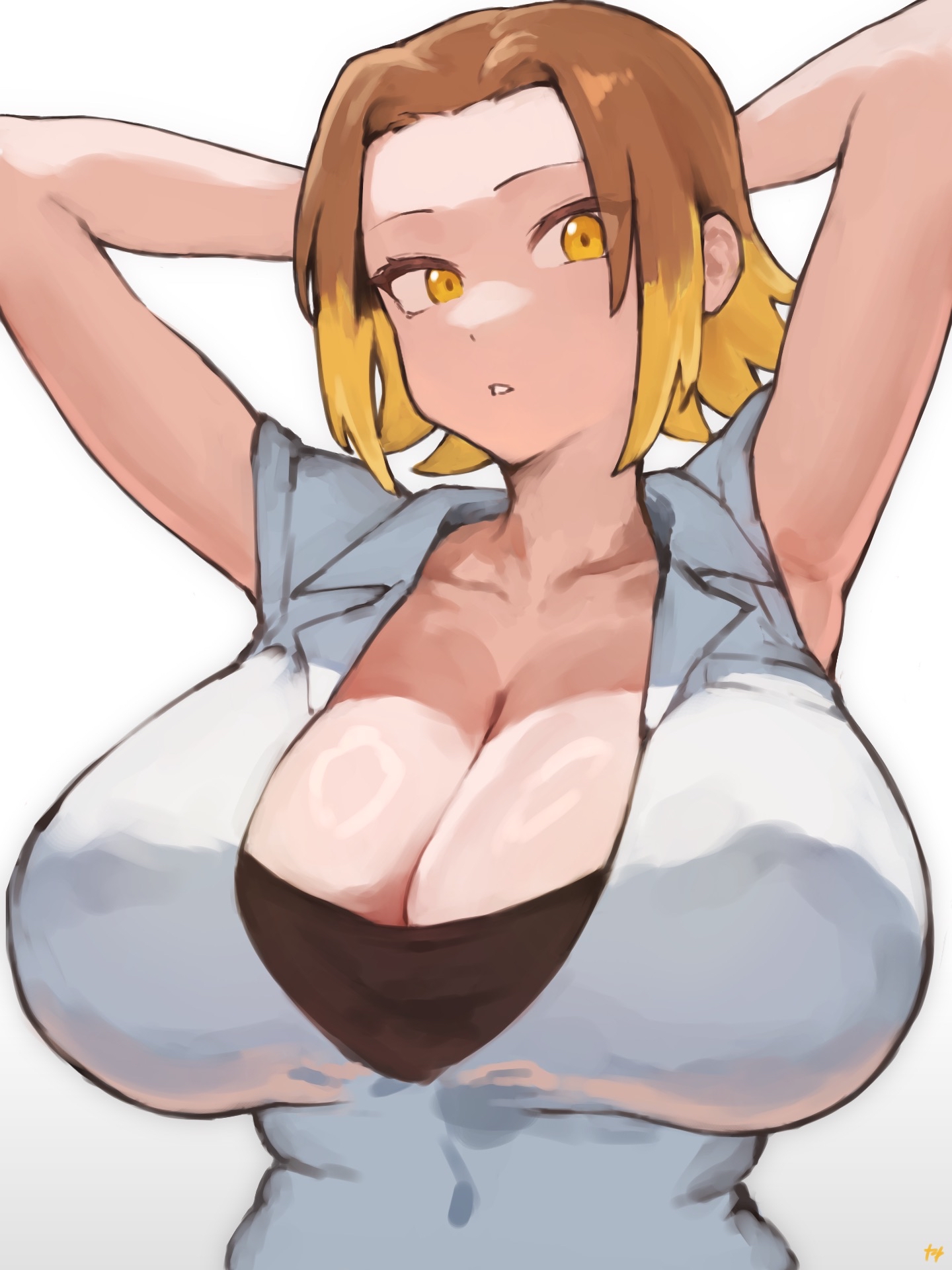 1girls, armpits, arms behind head, arms up, artist name, bare arms, blonde hair, breasts, brown hair, cleavage, collarbone, commentary request, dark-skinned female, female, forehead, fukuya art, gradient background, gyaru, highres, huge breasts, kasamaru aoi, looking at viewer, looking away, multicolored hair, parted bangs, parted lips, ruri no houseki, shirt, short hair, sleeveless, sleeveless shirt, solo, solo female, solo focus, two-tone hair, upper body, white background, white shirt, yellow eyes