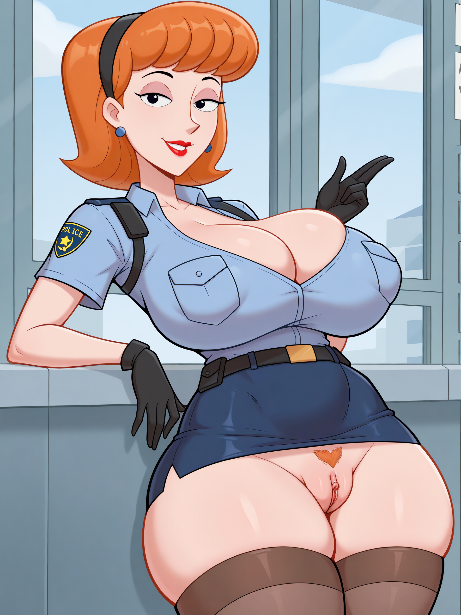 ai generated, big ass, big breasts, big butt, breasts, cartoon, cartoon character, cartoon milf, cartoon mom, cleavage, female, gloves, hairy pussy, indoors, labia, linda flynn-fletcher, mature female, mature woman, milf, mommy, mother, no panties, phineas and ferb, police uniform, policewoman, pubic hair, puffy pussy, pussy, robotkesh, sagging breasts, seductive, seductive look, seductive smile, showing pussy, solo, solo female, stockings, teasing, thick thighs, uniform, upskirt, wide hips
