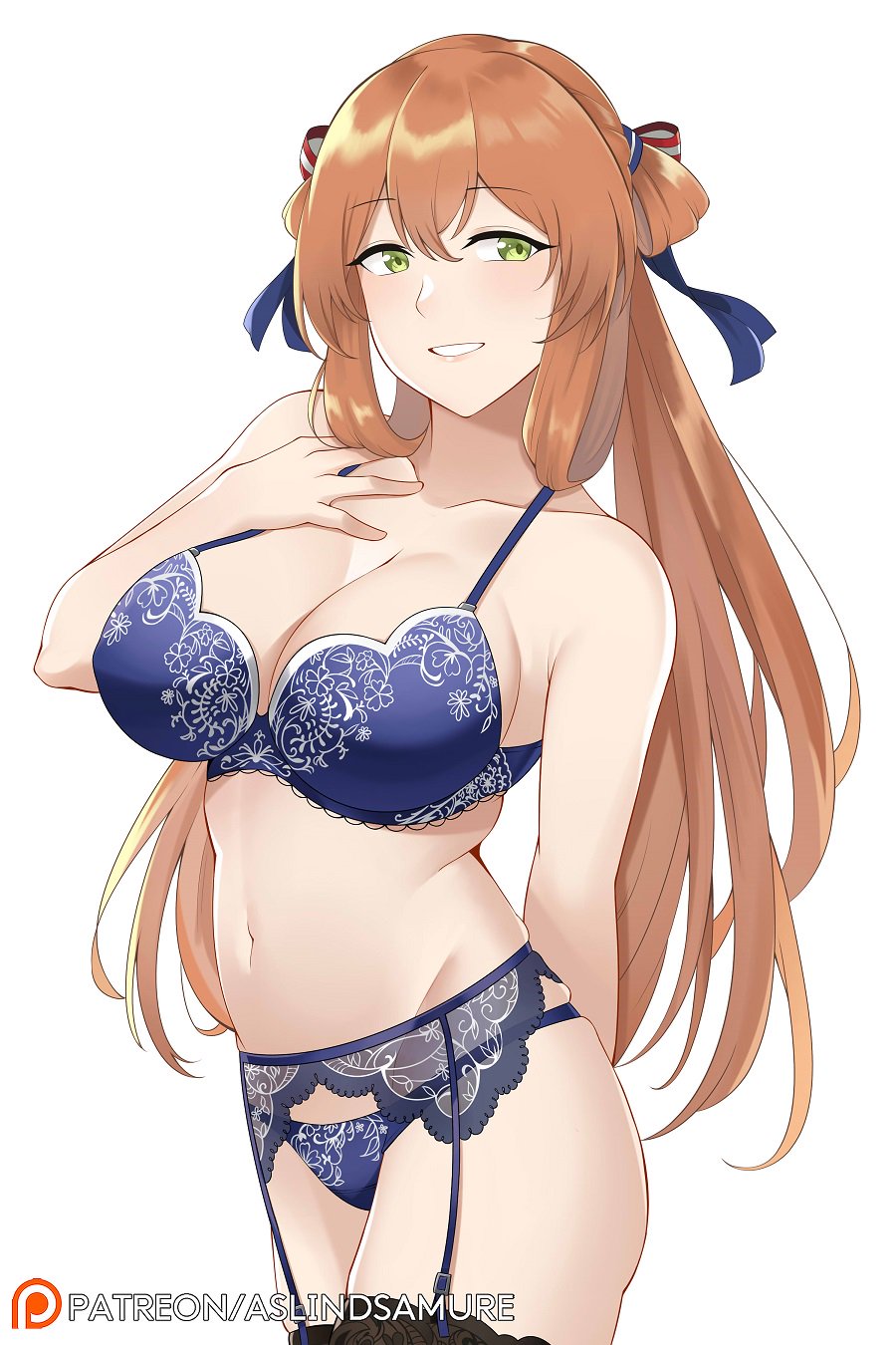 1girls, american flag, arm behind back, aslindsamure, bangs, black stockings, blue bra, blue lingerie, blue panties, blush, bra, breasts, cleavage, collarbone, eyebrows visible through hair, female, garter belt, girls' frontline, green eyes, groin, hair between eyes, hair ribbon, hair rings, hand on own chest, highres, lace, lace-trimmed legwear, large breasts, lingerie, long hair, looking at viewer, navel, orange hair, panties, parted lips, patreon logo, red hair, redhead, ribbon, sidelocks, simple background, skindentation, smile, solo, springfield (girls' frontline), stomach, tareme, thighhighs, thong, twintails, underwear, underwear only, very long hair, white background