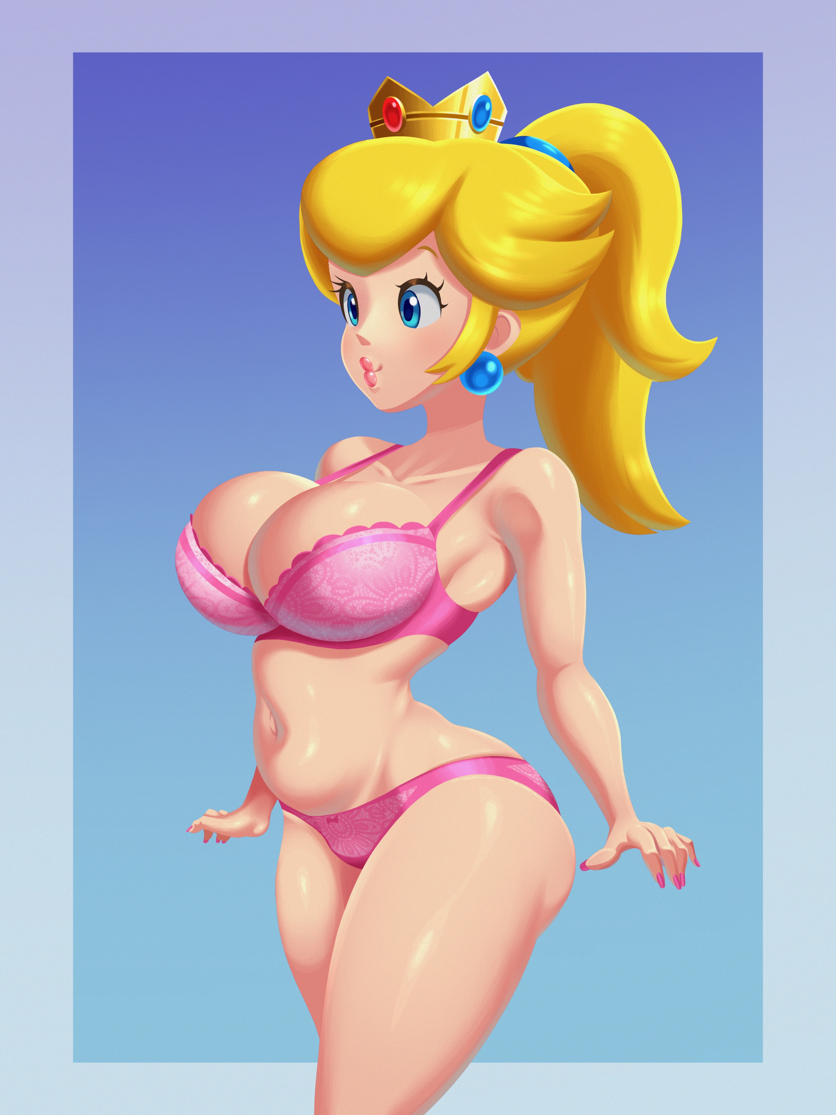 1girls, 2025, 2d, 2d (artwork), 2d artwork, alternate version available, big breasts, big thighs, blonde hair, blue eyes, border, bra, breasts, chubby, chubby female, clothed, clothing, cropped legs, crown, cute, ear piercing, earrings, eyelashes, female, female only, glistening, glistening body, glistening breasts, glistening skin, gradient background, heart, hi res, highres, huge breasts, huge thighs, large breasts, light skin, light-skinned female, lingerie, lipstick, long hair, mario (series), nail polish, nintendo, overflowing breasts, panties, partially clothed, pink bra, pink lips, pink lipstick, pink nail polish, pink nails, pink panties, pony tail, ponytail, princess peach, repost, revealing clothes, shiny body, shiny breasts, shiny hair, shiny skin, shiny thighs, side view, sideboob, simple background, skindentation, sleepiitreat, slightly chubby, solo, solo female, solo focus, super mario bros., thick thighs, thighs, tied hair, yellow hair