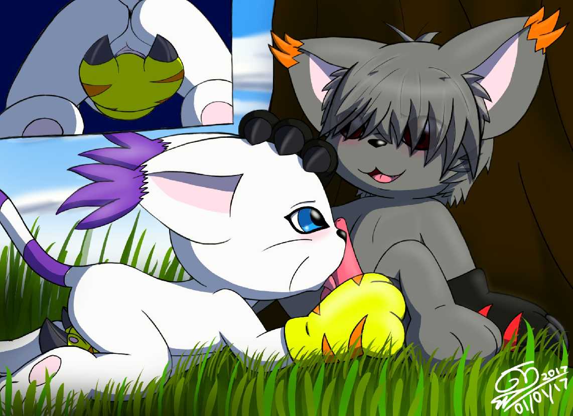 anus ass blue_eyes blush brown_eyes claws clothing digimon digimon_(species) female fur gatomon gloves grey_fur grey_hair haiiromon hair male mammal nipples penis pussy white_fur young