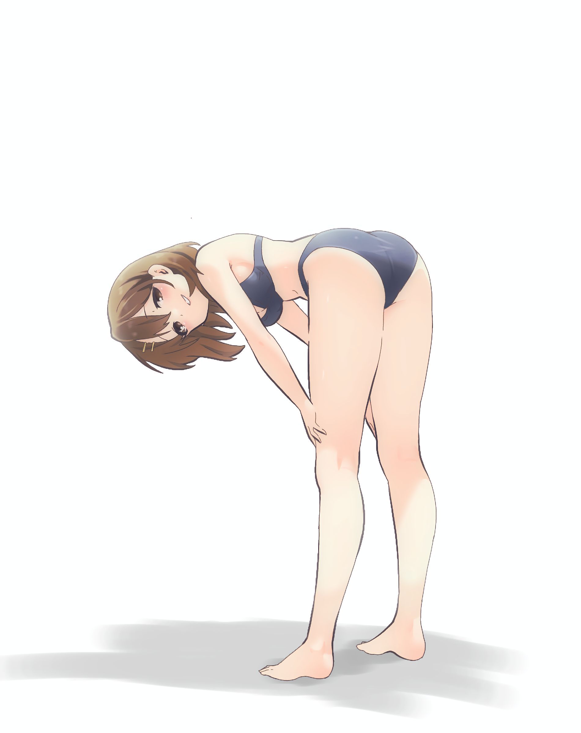 1girls, bending forward, brown hair, female, hands on knees, k-on!, simple background, smiling at viewer, solo, swimsuit, tagme, yui hirasawa (k-on!)