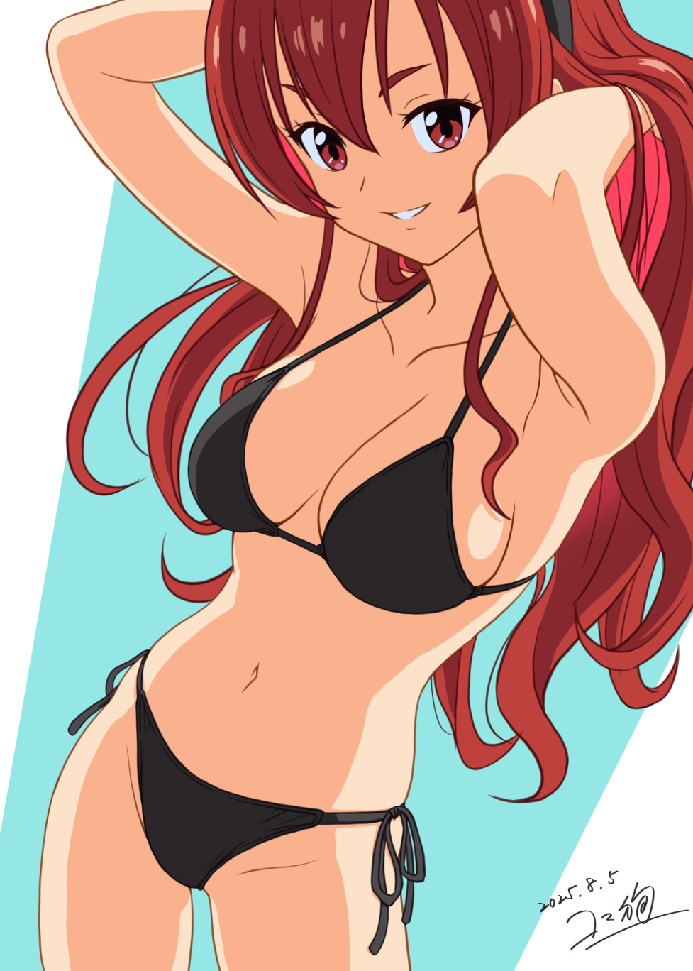 1girls, armpits, arms behind head, artist name, big breasts, bikini, black bikini, breasts, busty, closed mouth, dated, eris greyrat, female, hairband, highres, large breasts, legs, long hair, looking at viewer, mushoku tensei, navel, parted lips, pose, posing, red eyes, red hair, sensual, sexy, sexy armpits, sexy pose, sideboob, smile, solo, swimsuit, thighs, very long hair, voluptuous