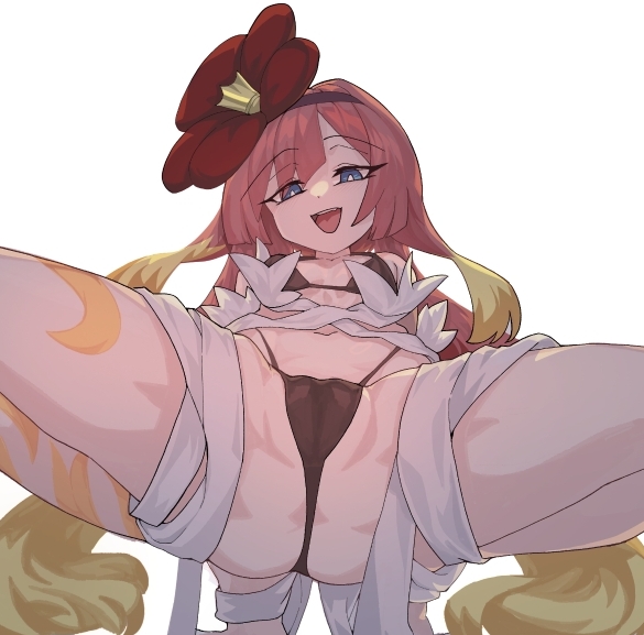 :d, 1girls, 2d, 2d (artwork), ass, bikini, black bikini, blue eyes, body markings, brat, cameltoe, close up, female, female only, presenting, presenting pussy, pussy, pussy focus, rafflesia, red hair, smile, solo, solo female, spread legs, squatting, tartarie, thighs, thong, thong bikini, traptrix, traptrix rafflesia, white background, yu-gi-oh!