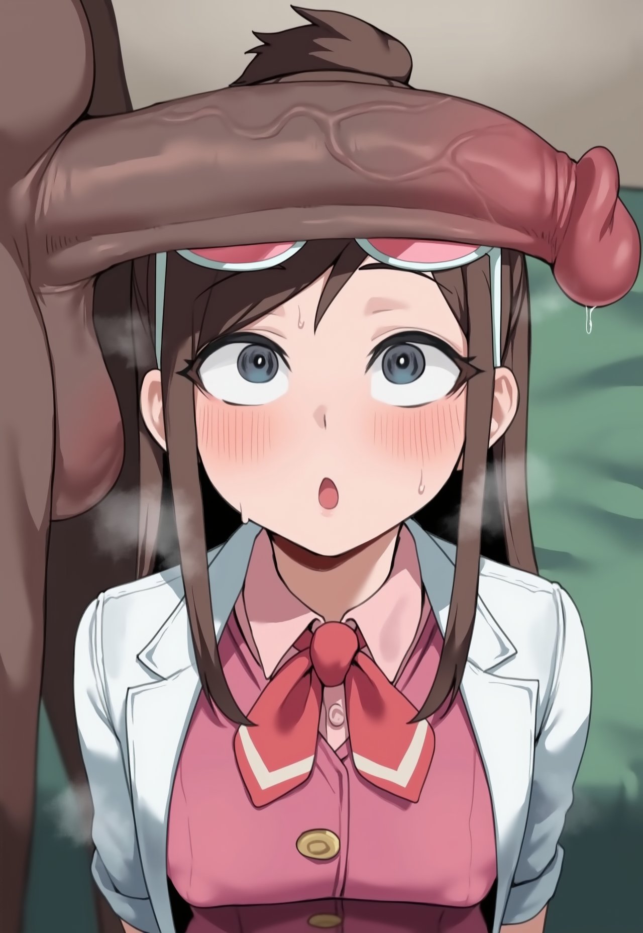 1boy, 1girls, ai generated, balls, bangs, black hair, blush, breasts, breath, clothed female nude male, dark-skinned male, duo, ema skye, erection, female, gyakuten saiban, heavy breathing, interracial, large penis, long hair, looking at penis, male, open mouth, penis, penis awe, school uniform, solo focus, steam, straight, swept bangs, testicles, tharkica, uncensored, veins, veiny penis