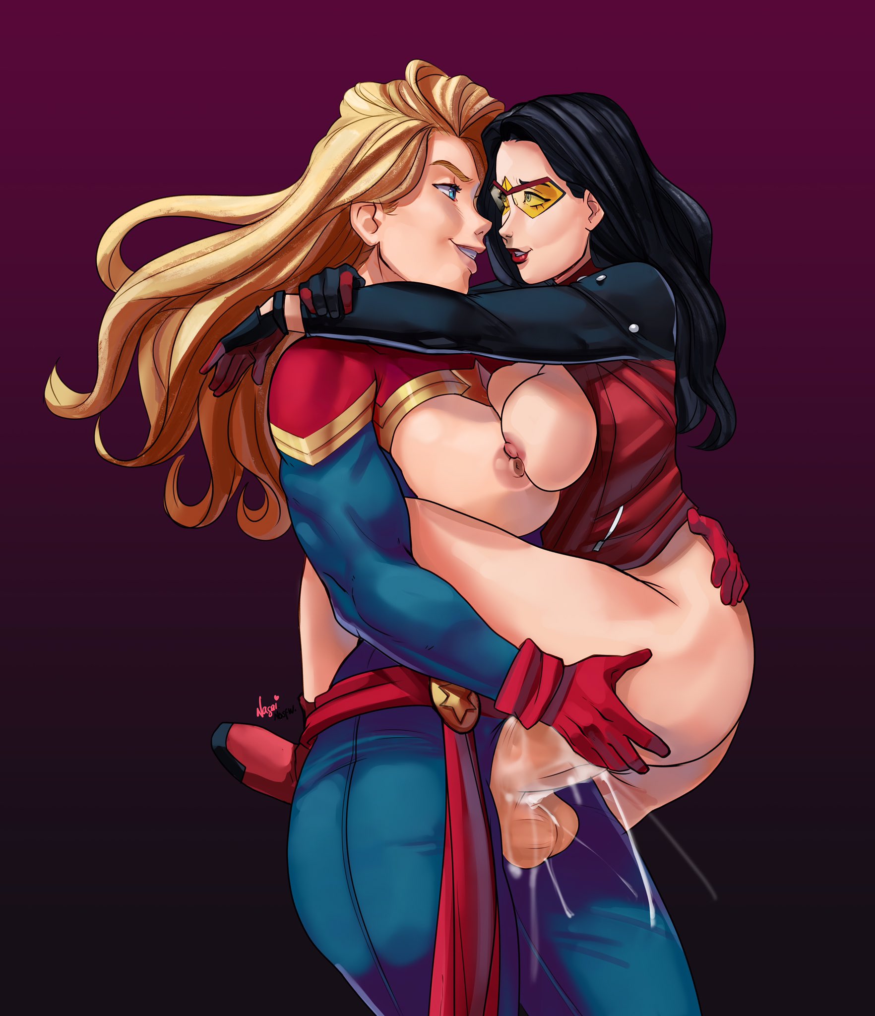 1futa, 1girls, black hair, blonde hair, bodysuit, bottomless, breasts, breasts against breasts, breasts out, breasts squeezed together, captain marvel, carol danvers, carrying partner, carrying position, cum, cum drip, cum in pussy, cum inside, ejaculation, eye contact, female, fit, fit futa, futa on female, futa with female, futanari, gloves, hairy pussy, intersex, jessica drew, legs wrapped around partner, looking at partner, marvel, marvel comics, muscular, muscular futa, nagainosfw, no panties, no pants, orgasm, overflowing cum, panties, penis, penis in pussy, penis in vagina, pleasure face, pussy, romantic couple, safety glasses, scraf, sex, smiling, smiling at partner, spider-woman, spider-woman (jessica drew), standing, standing sex, strong futa, vaginal penetration, vaginal sex