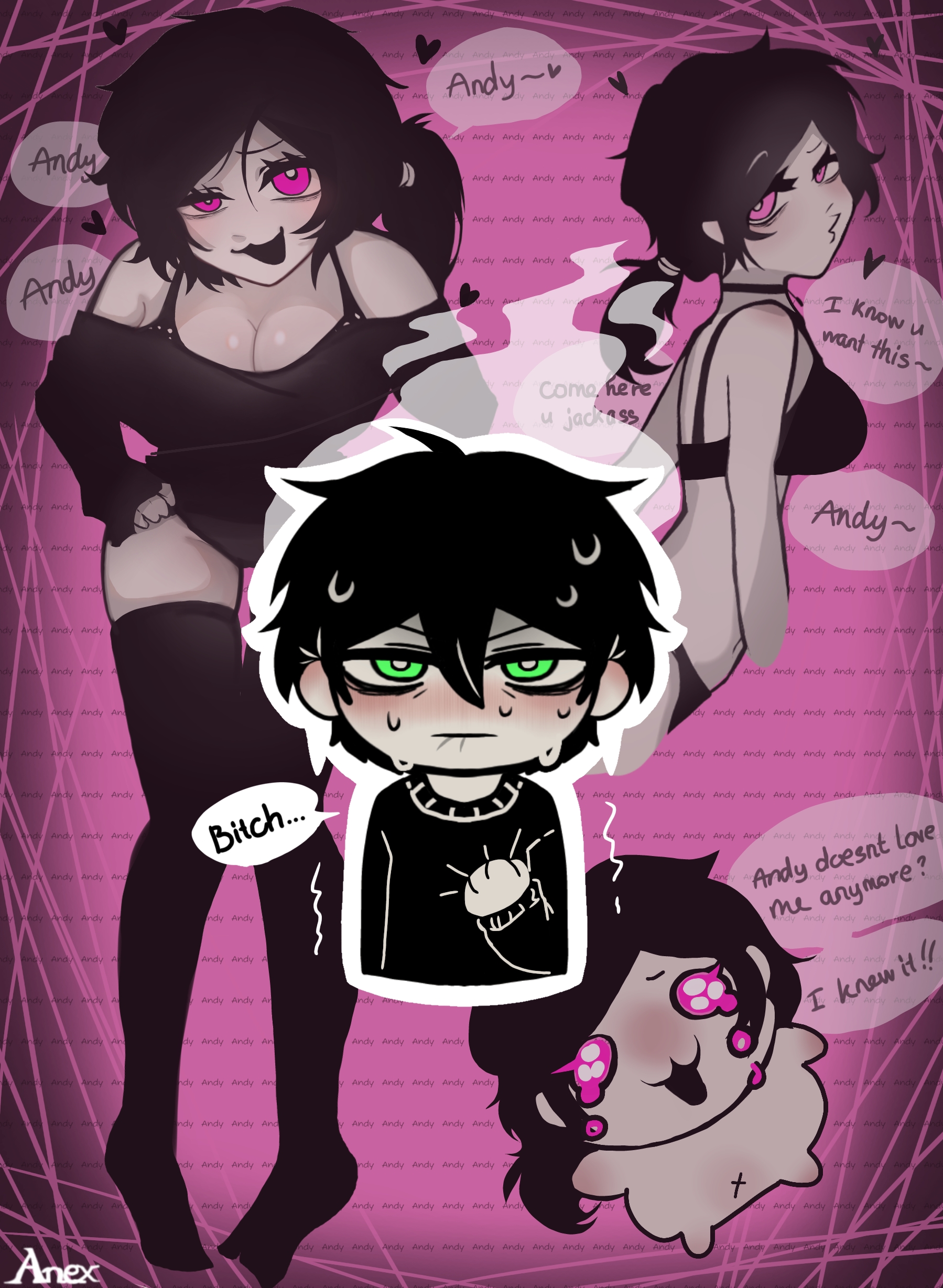 1boy, 1girls, 2d, andrew graves, anex (artist), ashley graves, black hair, blush, bra, brother and sister, cleavage, dialogue, english text, female, green eyes, incest, looking at viewer, male, panties, pink eyes, ponytail, siblings, tease, teasing, the coffin of andy and leyley, thighhighs, thighs, underwear