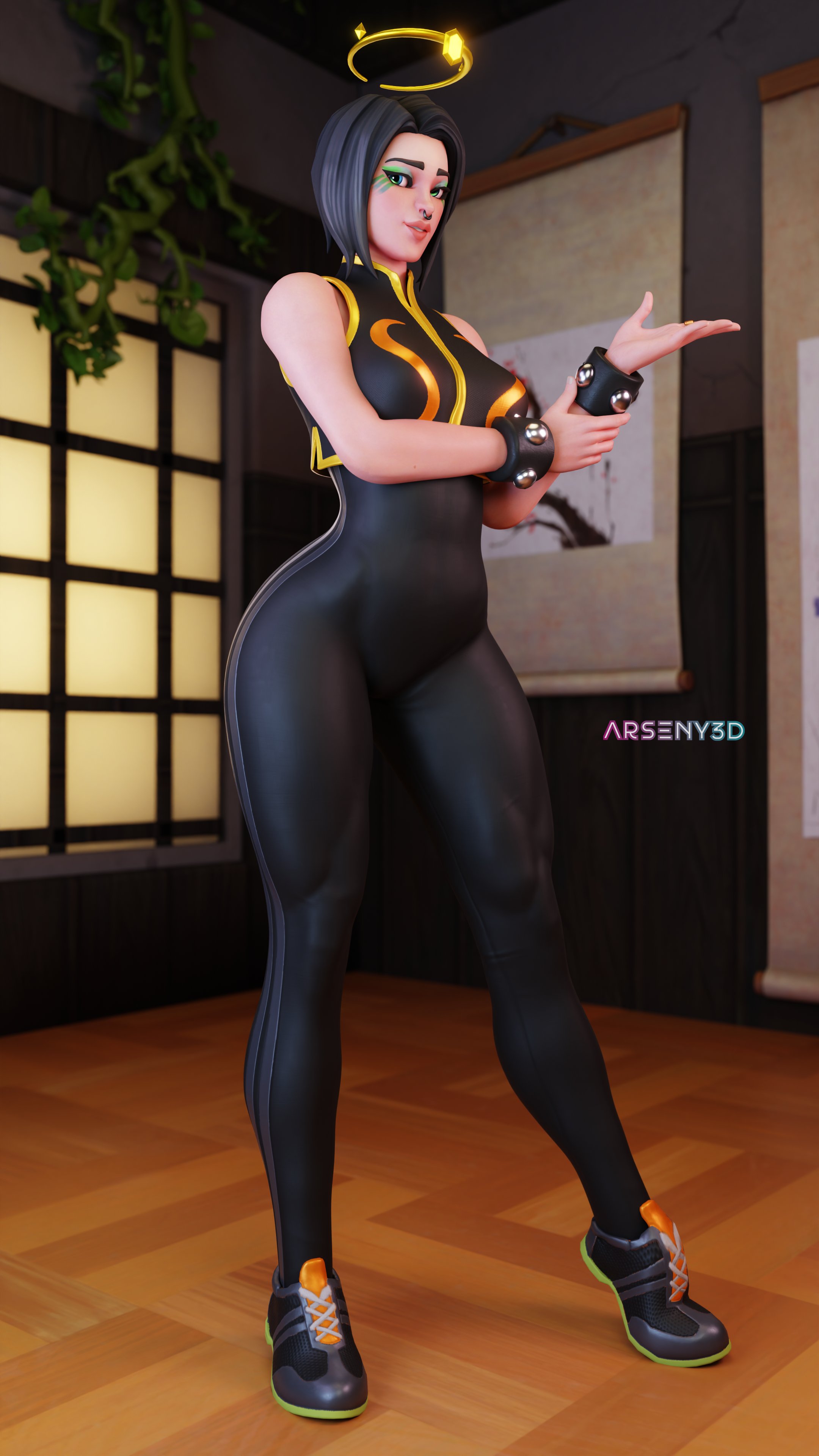 2025, 3d, 3d (artwork), ark (fortnite), arseny3d, big ass, big butt, big thighs, chun-li (cosplay), commission, cosplay, d'ark (fortnite), face makeup, female, fortnite, fortnite: battle royale, green eyes, green makeup, halo, nose ring, posing, sfw, solo female, street fighter, street fighter alpha, thick thighs, thighs, watermark, white female