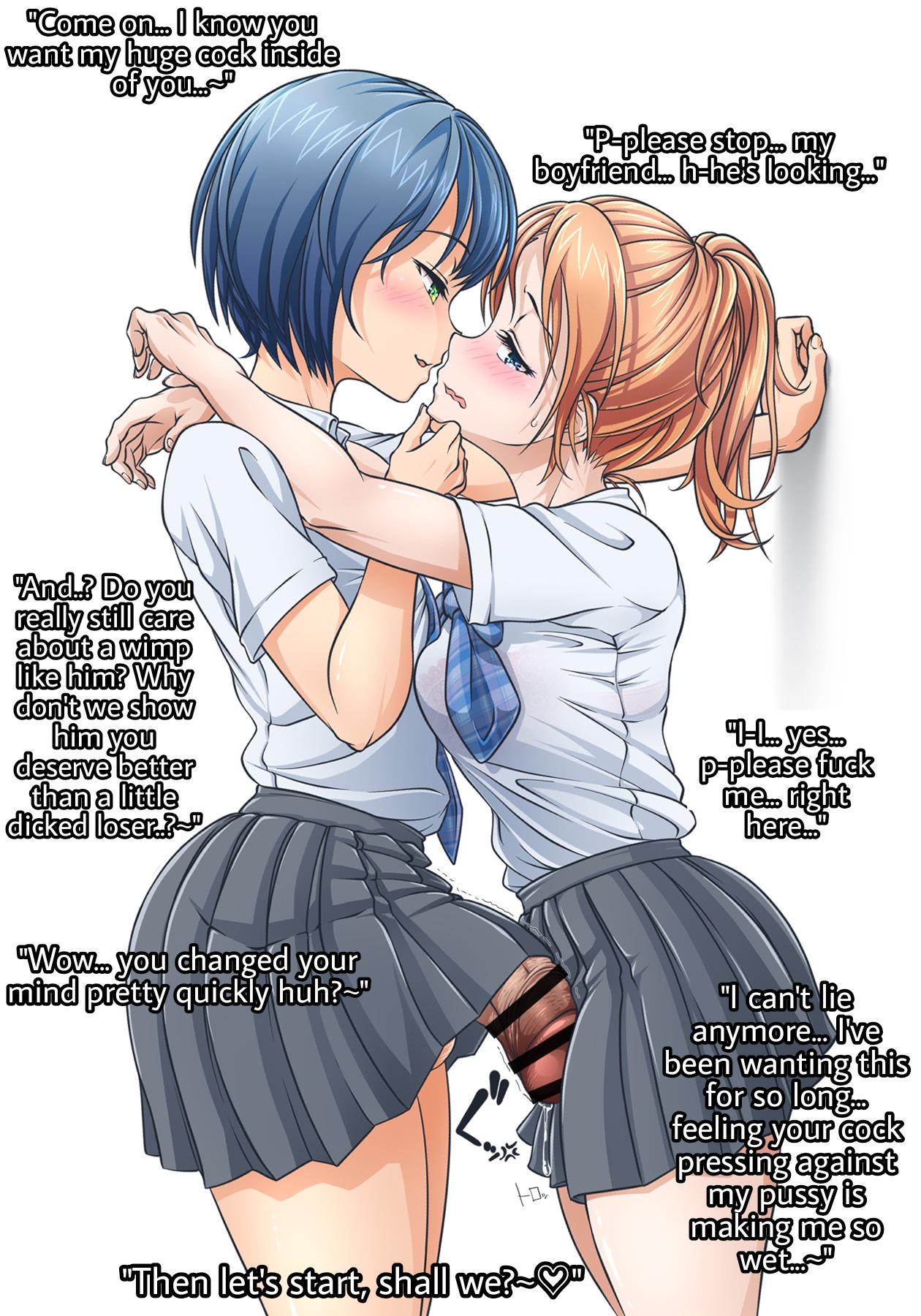 1futa, 1girls, ass, big penis, blue hair, blush, bowtie, breasts, bulge, caption, censored, clothing, cornered, cucked by futa, cuckold, curvy, dickgirl, edit, english text, female, futa on female, futadom, futadom caption, futanari, half-erect, huge cock, imminent rape, imminent sex, intersex, long penis, massive penis, muchin, nervous, netorare, no panties, orange hair, penis, penis awe, penis out, penis under skirt, ponytail, precum, precum drip, pressing breasts, rape, school uniform, schoolgirl, seductive smile, shirt, small penis humiliation, teenager, text, thick ass, thick penis, thick thighs, third-party edit, uniform, wide hips
