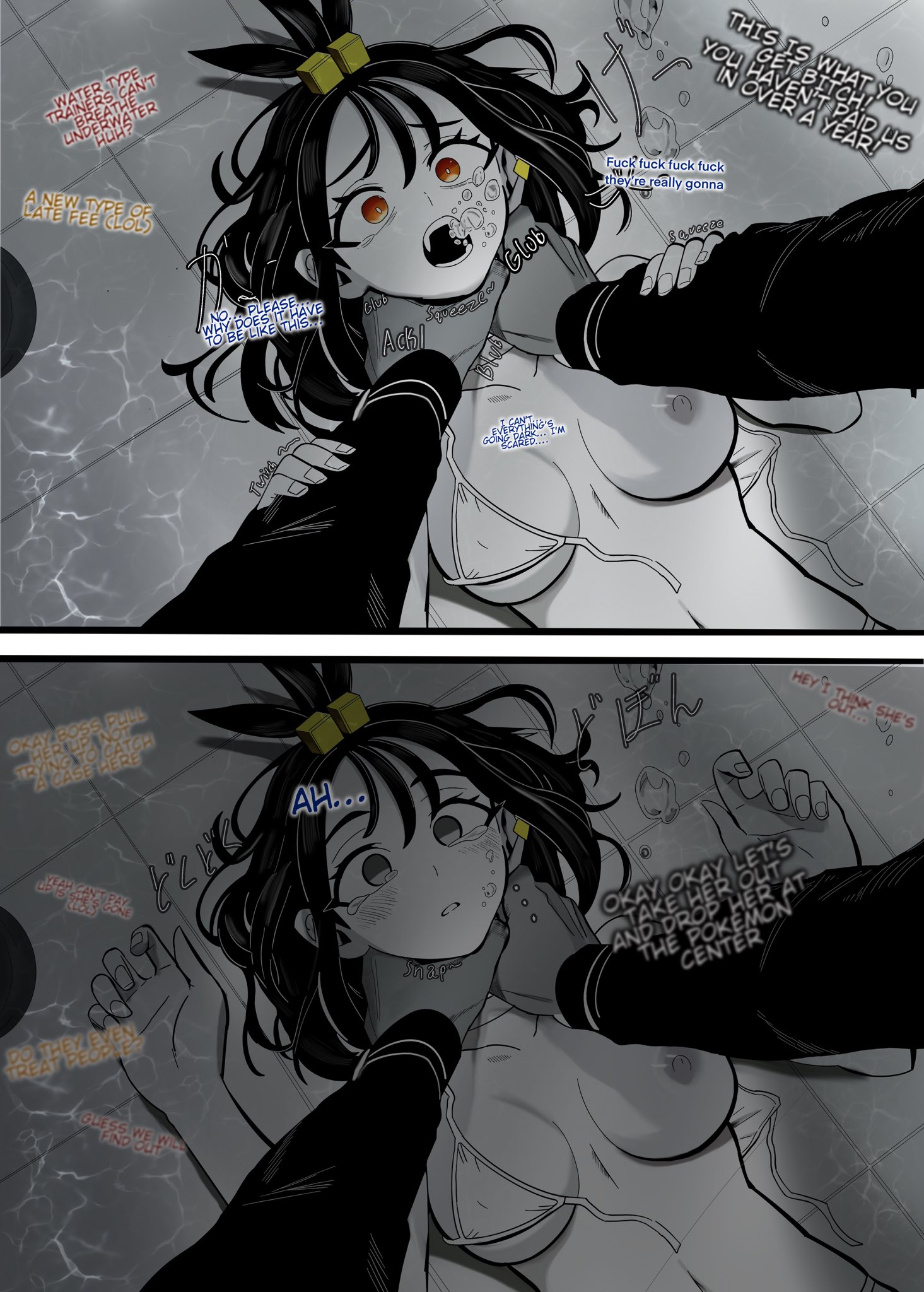 asphyxiation, begging, begging for life, begging for mercy, black and white, death, desperate, desperation, drowning, duro (pokemon), fear, female, forced, grabbing neck, imminent death, imminent drowning, kunitoro (artist), lida (pokemon), male, male/female, neck grab, pokemon, pokemon za, restrained, scared, strangling, struggling, struggling prey, submerged, tagme, terrified, torn clothing, unconscious, underwater