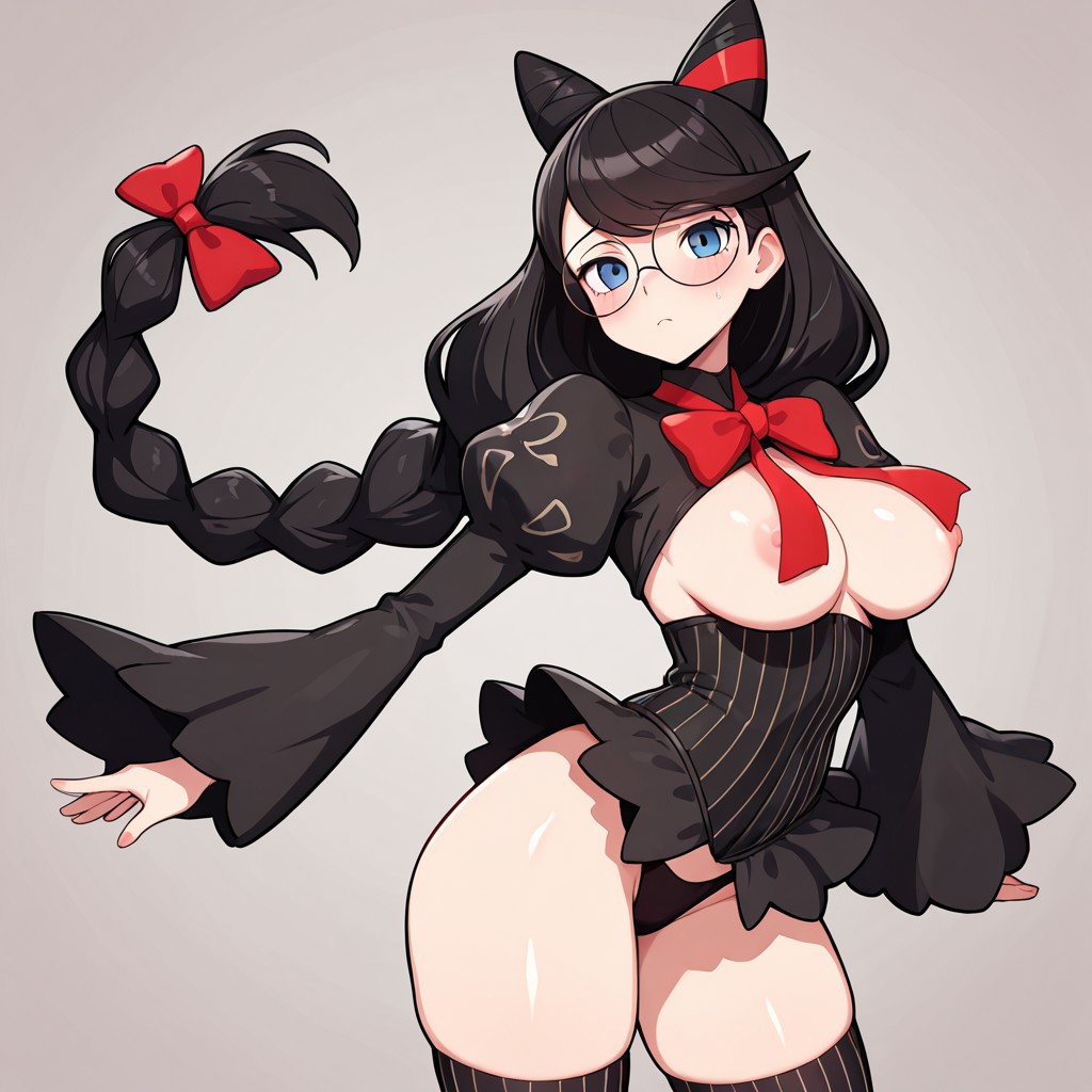 ai generated, bayonetta, bayonetta (character), bayonetta origins: cereza and the lost demon, black hair, blue eyes, blush, braided hair, breasts, cereza, corset, exposed breasts, female, frills, glasses, medium breasts, one color background, panties, ponytail, ribbon, thick thighs, thin waist, thong