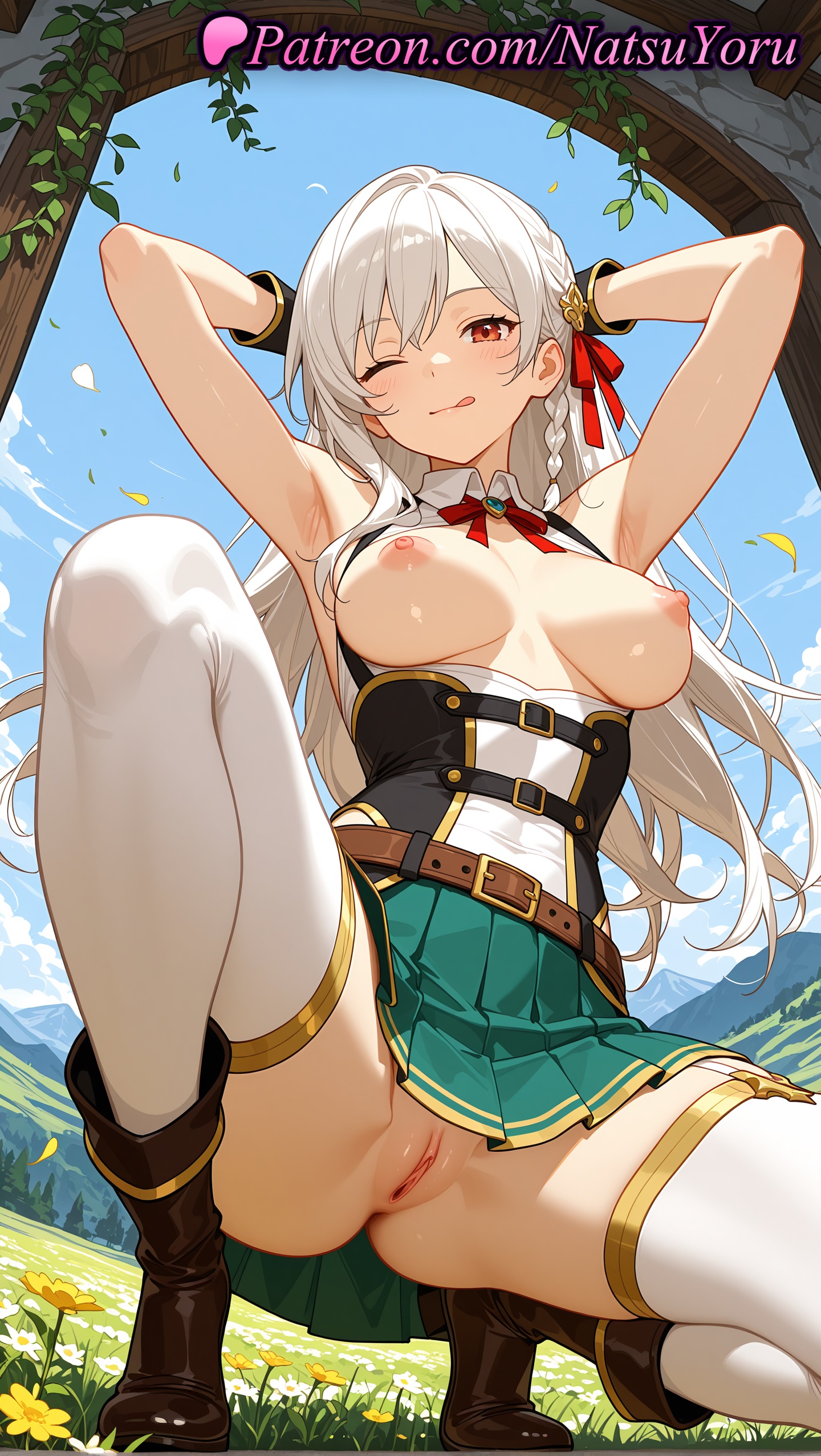 1girls, 2025, ai generated, armpits, arms behind head, arms up, bangs, belt, boots, braid, breasts, breasts out, eiyuu-ou bu wo kiwameru tame tensei su ~soshite sekai saikyou no minarai kishi~, female, female only, flower, green skirt, hair ribbon, hi res, highres, inglis eucus, long hair, looking at viewer, natsuyoru, nipples, no panties, one eye closed, outdoors, patreon, pleated skirt, pussy, red eyes, ribbon, skirt, smile, solo, squatting, thighhighs, tongue, tongue out, uncensored, vagina, voluptuous, voluptuous female, white hair, white thighhighs