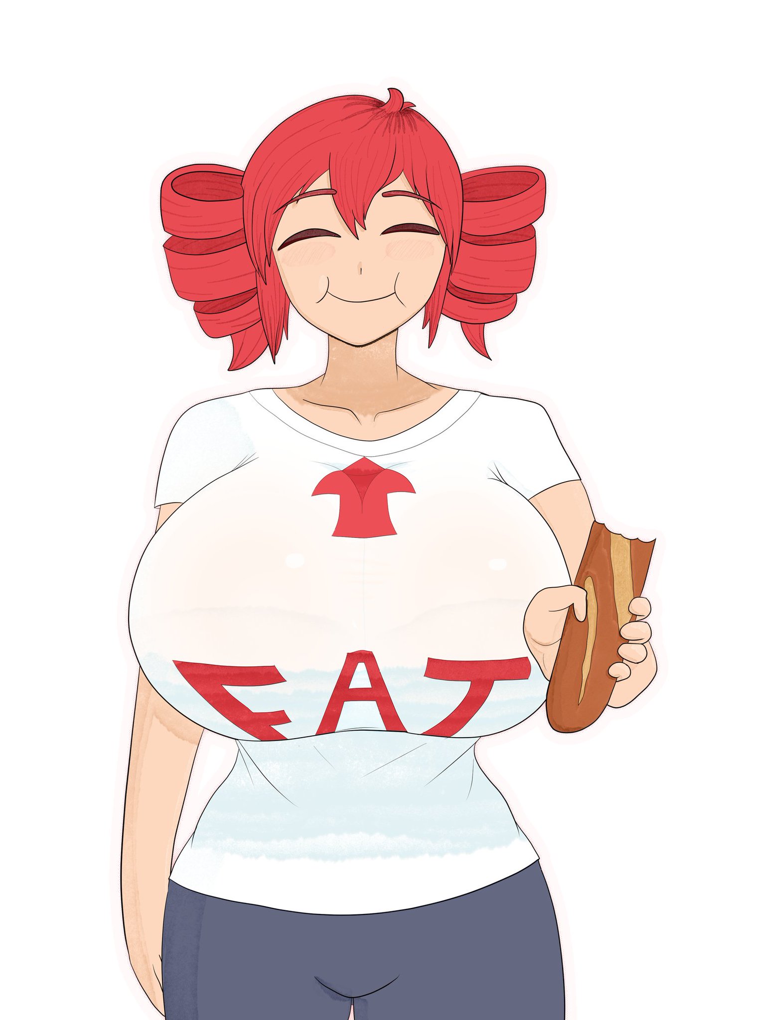 1girls, breasts, fatass teto, female, female only, huge breasts, hyper breasts, kasane teto, large breasts, red hair, solo, twin drills, utau, vtcric, white shirt