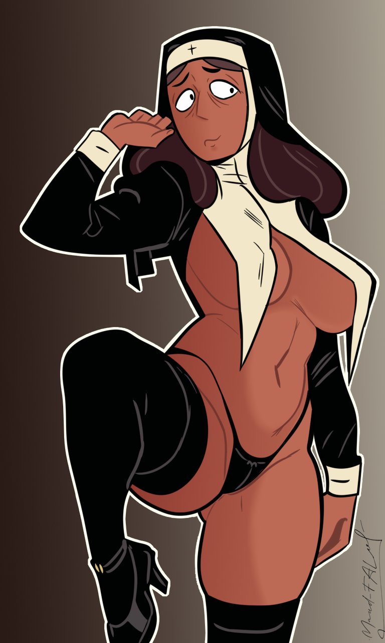 curtains, dark-skinned female, functionally nude, high heels, indian, indian female, indian milf, mature female, maud fal, milf, nun, nun outfit, one leg up, priyanka maheswaran, steven universe, tagme, thighhighs, thong